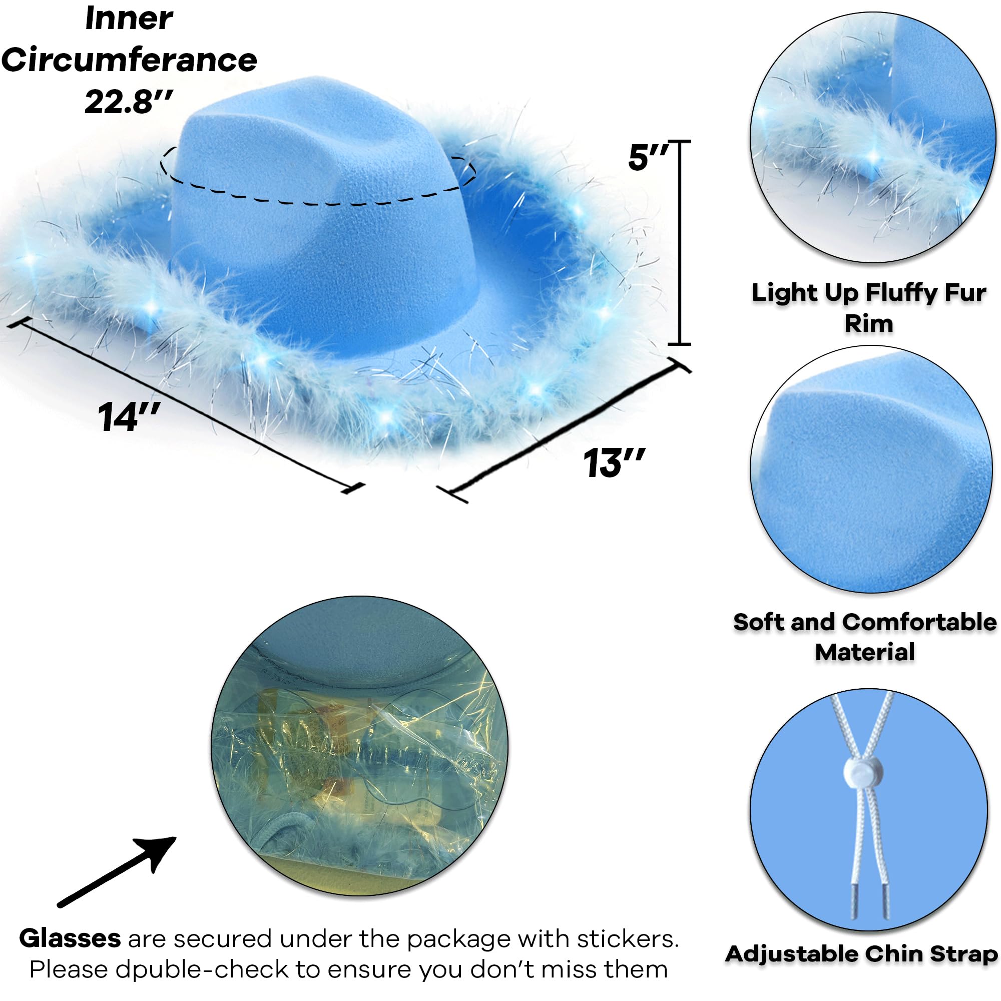 Funcredible Blue Cowboy Hat and Glasses - Light Up Cowgirl Hat for Girls - Cowboy Hats with Feathers - Halloween Hats for Women