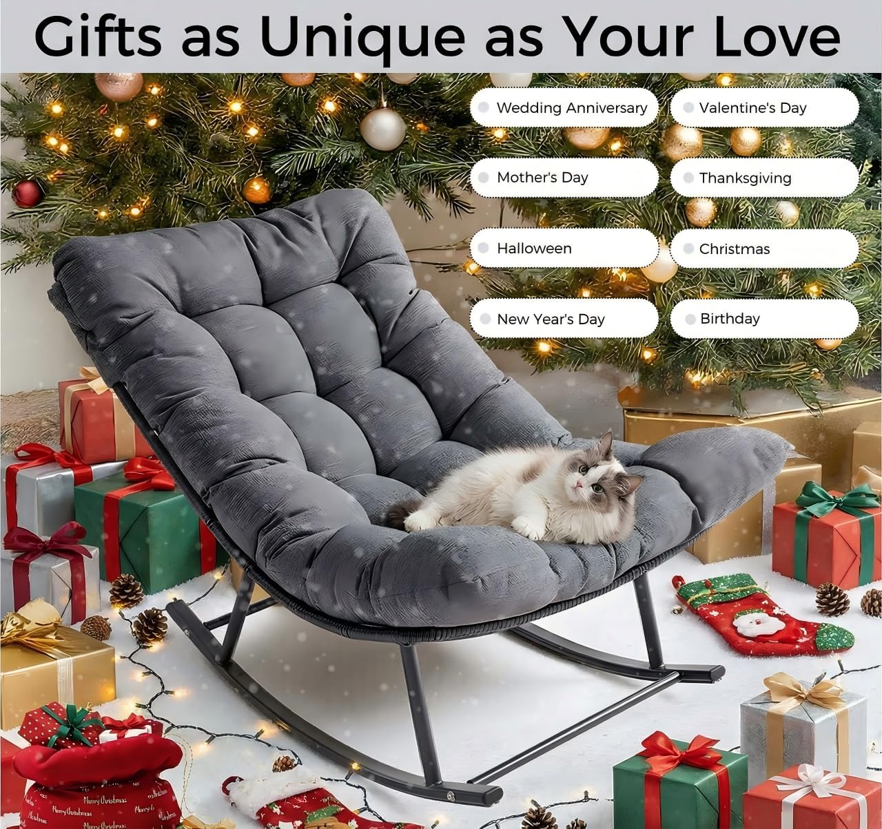 IRONCK Papasan Rocking Chair with Cushion, Patio Wicker Rocking Chair, Metal Frame Egg Rocker, 450lbs Capacity, Indoor Outdoor Lounge for Garden, Porch, Living Room, Balcony, Gray