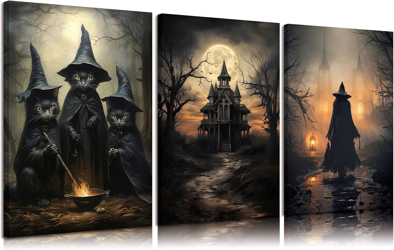 3pcs Halloween Canvas Wall Art Dark Academia Scary Witch Black Cat Castle Wall Decor Pictures Thriller Horror Gothic Posters Prints for Halloween Party House Decoration Prepare to hang