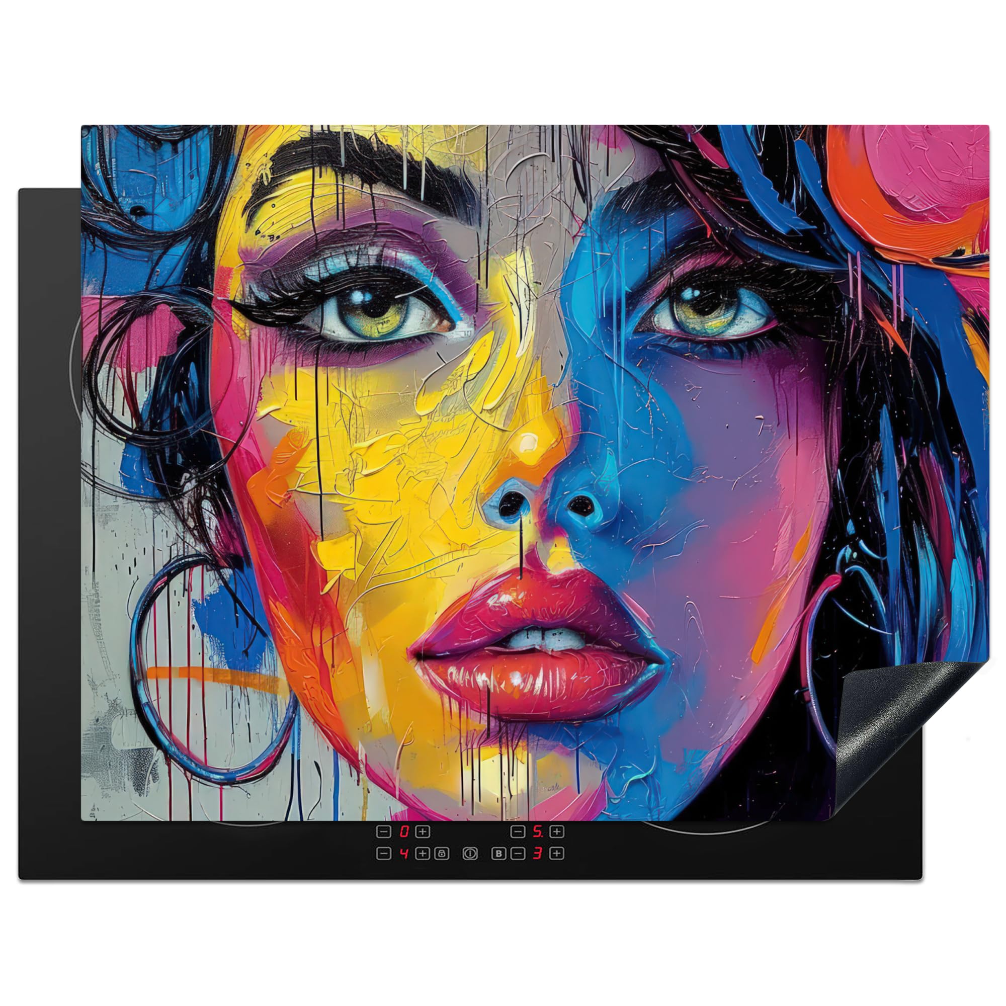KitchenYeah© Induction Hob Protector Mat 23.2"x30.3" / 77x59 cm Cooker Top Protectors Cover Ceramic Covers Electric Hobs Vinyl Graffiti - Woman - Colourful - Street Art - Pop Art
