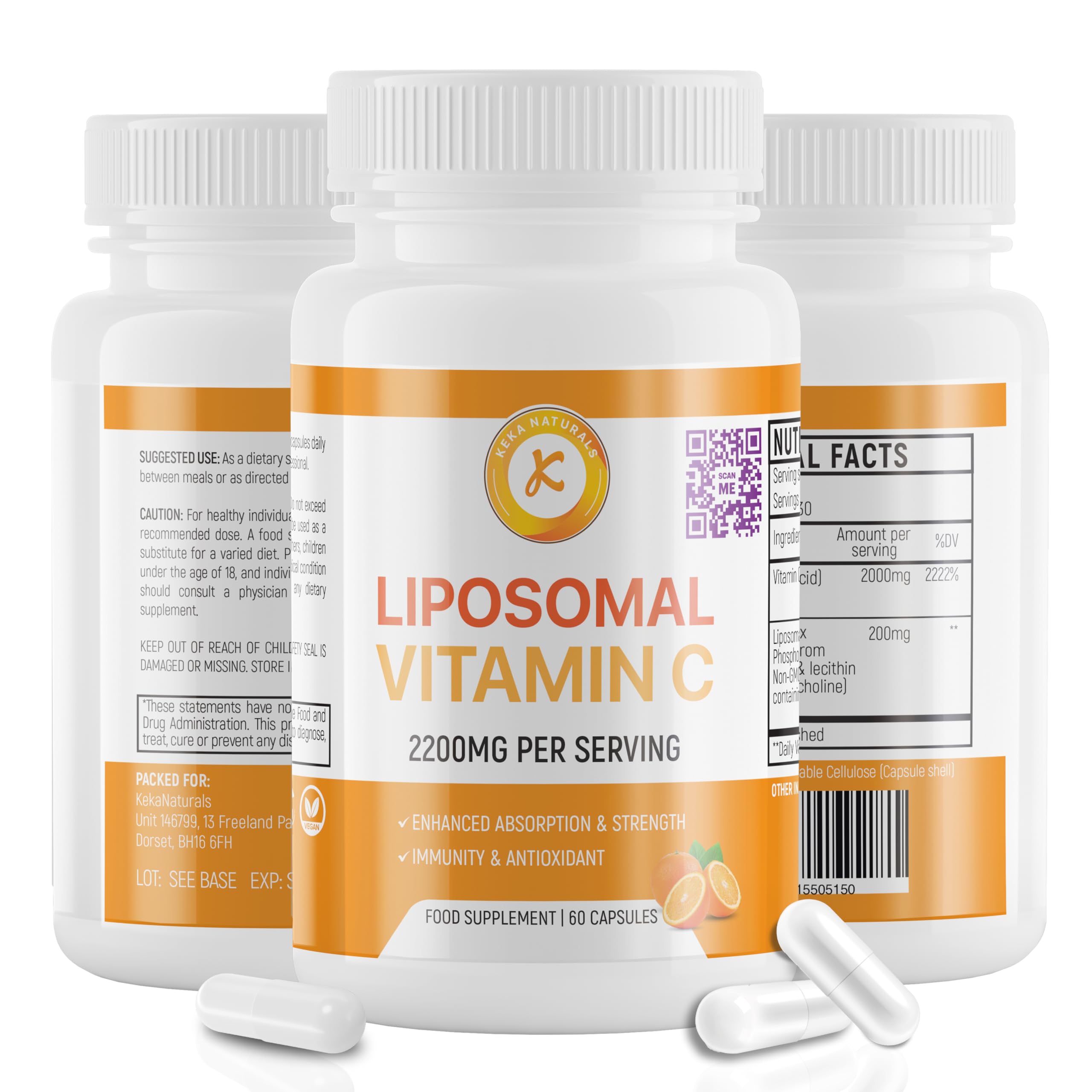 Liposomal Vitamin C 2200mg, Max Absorption, High Strength, Antioxidant, No additives, Non-GMO, 60 Capsules