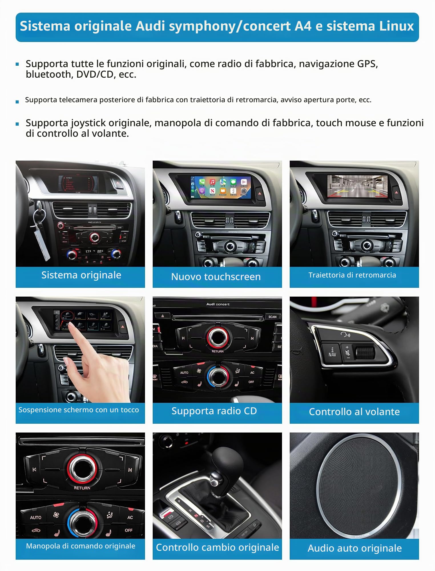 Car Radio 8,9 pollici Touchscreen con Wireless Carplay e Android Auto per Audi A4 S4 2009-2016 con sistema 2G MMI, supporta Mirrorlink, telecamera, navigazione