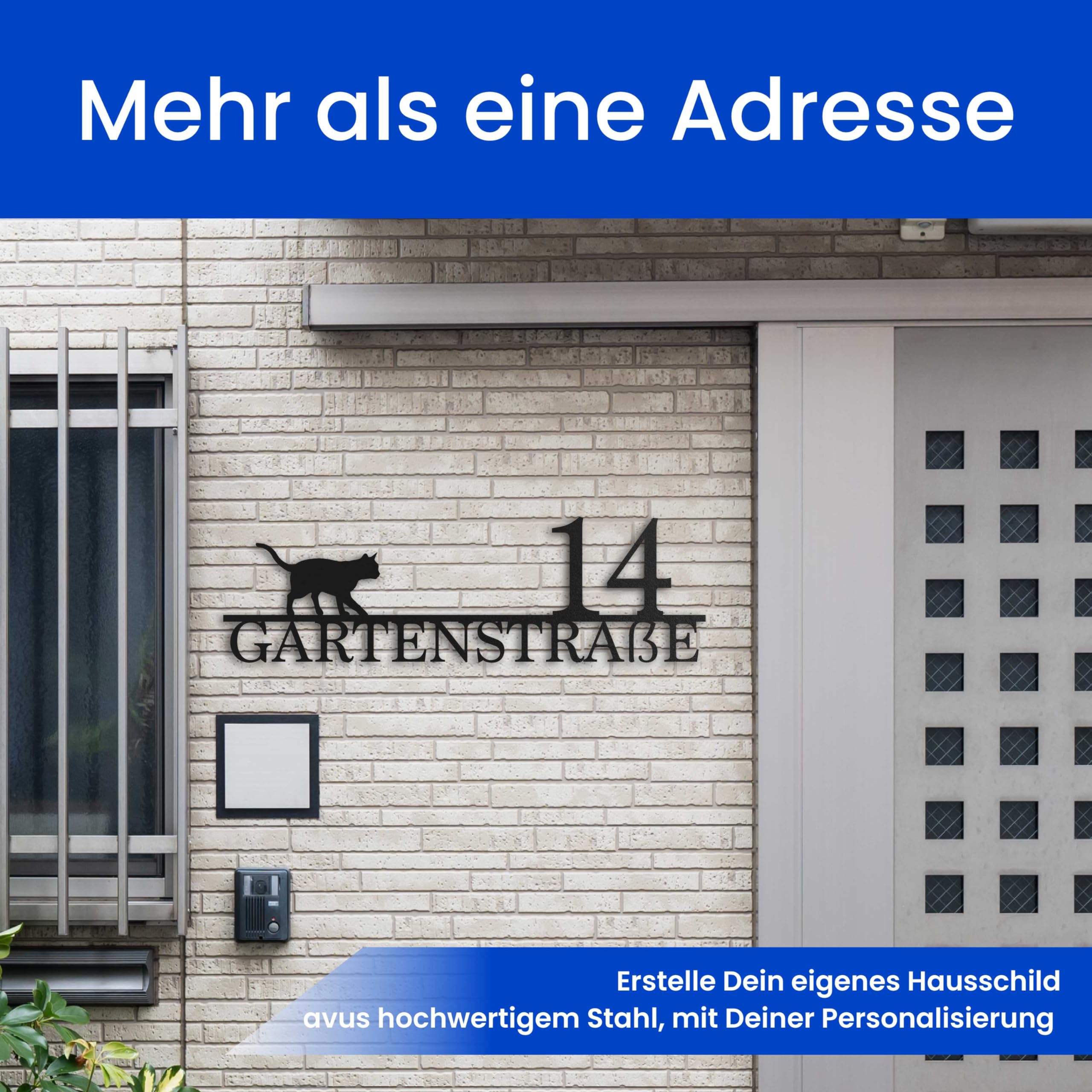 Steelmonks Straßenschild mit Hausnummer. Metall Adressschild und Plakette als Haustürschild oder Einweihungsgeschenk (Straßenschild mit Katze)