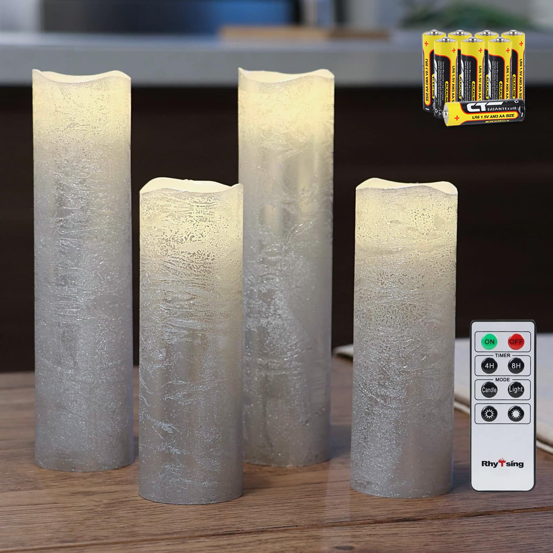 Rhytsing Set Of 4 - Slim Set Of 4 Silver Battery Operated Led Candles, Slim Flameless Candles With Timer, Textured Wax Finish, D5cm, Batteries