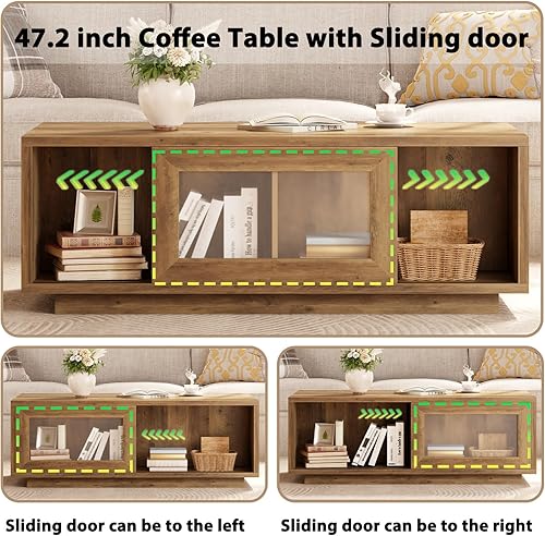 Miniatura 4 de HSH Mesa auxiliar rústica con almacenamiento, mesa de centro baja para sala de estar, mesas de centro largas rectangulares de madera, mesas