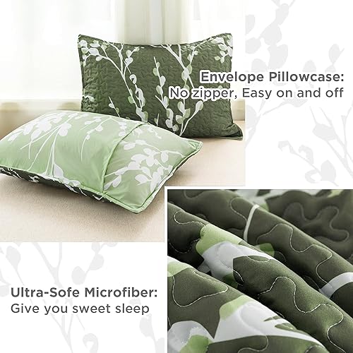 Miniatura 5 de Andency Edredón verde tamaño King (106 x 96 pulgadas), juego de ropa de cama ligero floral de 3 piezas, colcha acolchada de microfibra con flores