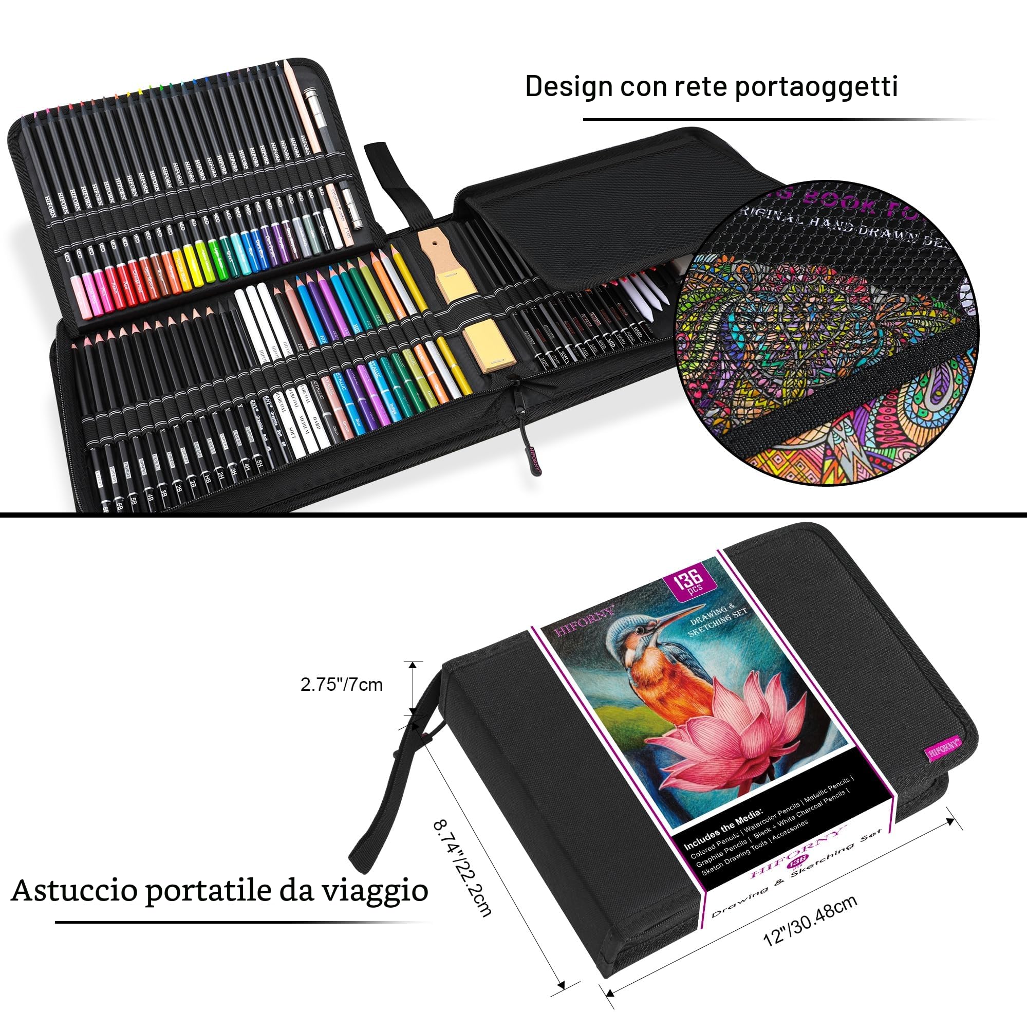 HIFORNY Set di Disegno e Schizzo da 136 Pezzi, Forniture Artistiche Professionali con Matite di Grafite, Carboncino, Colori, Acquerelli, Matite Metallizzate, Strumenti di Sfumatura e Altro(Nero)