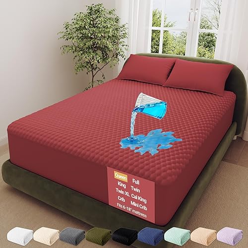 Miniatura 21 de OhGeni Protector de colchón 100% impermeable tamaño Queen-Beige, almohadilla de colchón que se ajusta a colchones de 6"-20" con bolsillo profundo,