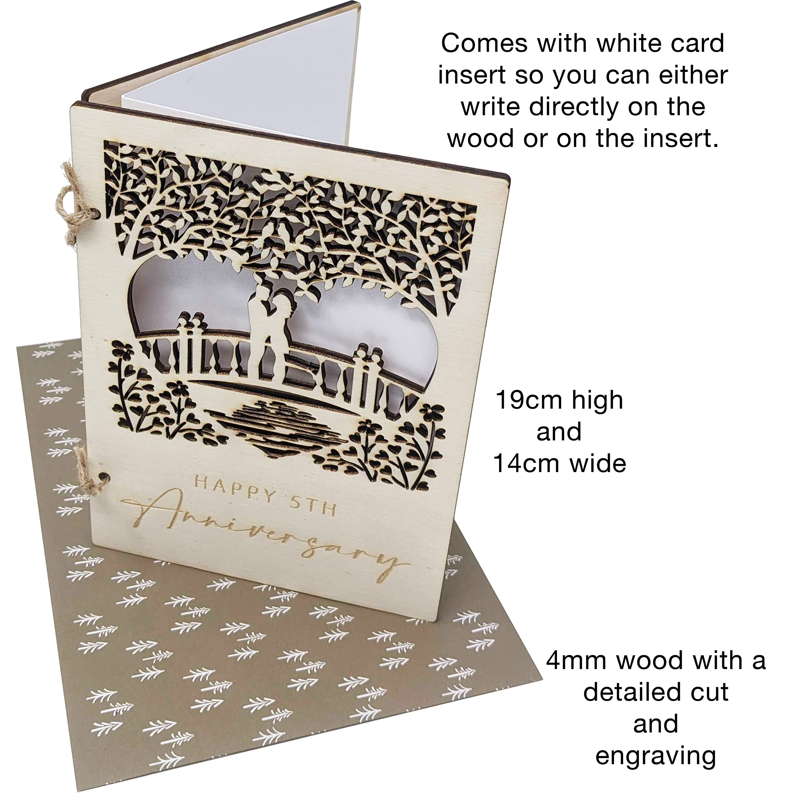 Wooden Anniversary Card with Loving Couple on a Bridge Detailed Carving (5 Year Anniversary), 14cm wide - Image 4