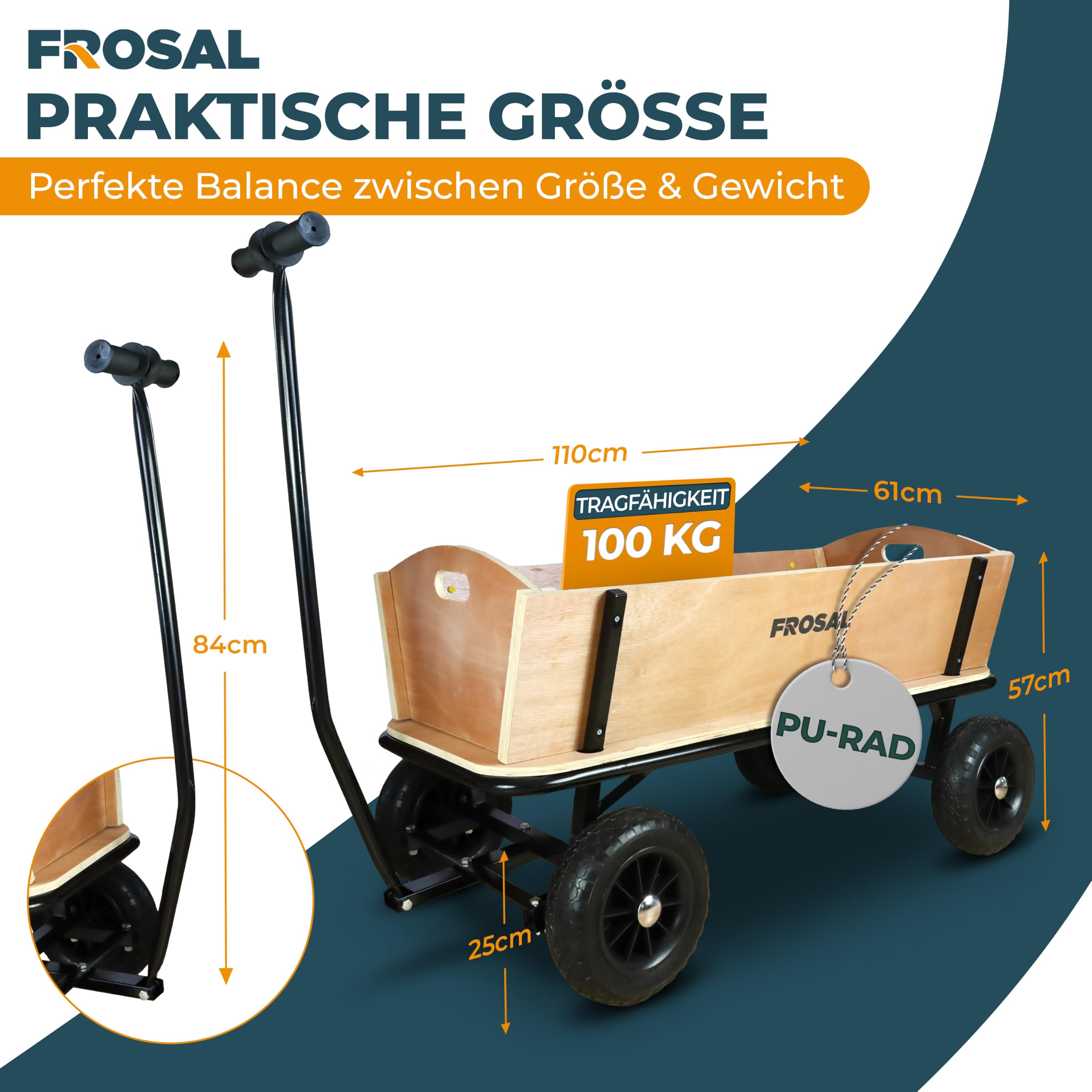 FROSAL Bollerwagen Jörn Handwagen XXL Leiterwagen Transportwagen groß aus Holz
