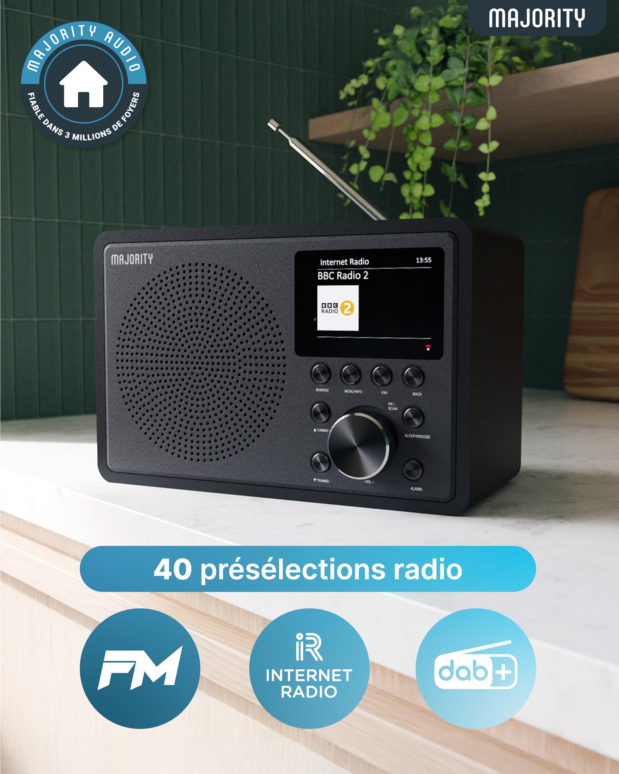 Majority Radio Internet WiFi avec Bluetooth 5.2 | Radio Dab+ & FM avec 40 Préréglages | Spotify Connect & Podcasts | Frontier Oktiv App Control | Haut-parleurs DSP Touro