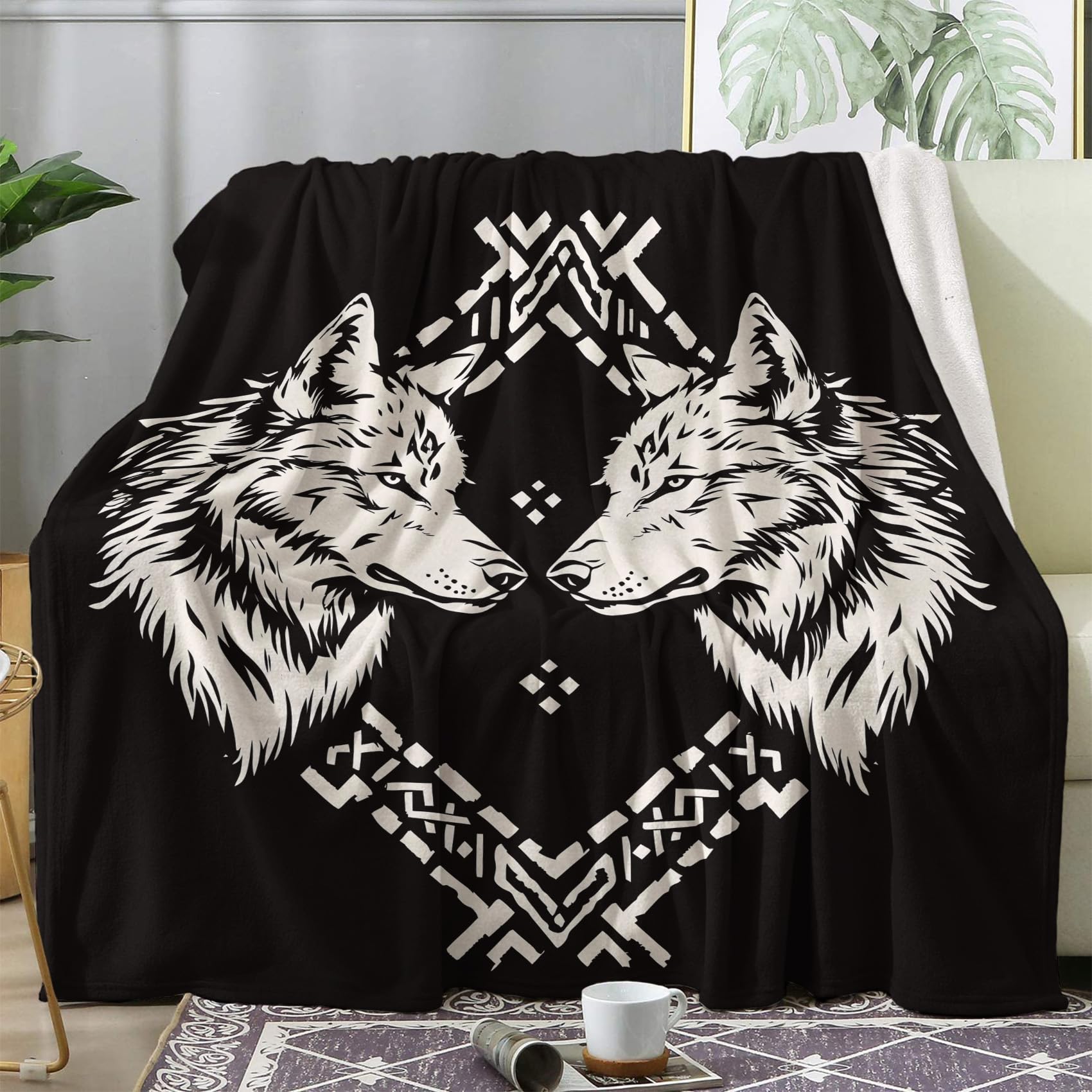 Plaid Polaire, Motif Loup Viking, Couverture Lit 2 Personnes, Jete de Canape Grande Taille 230x270, Couvertures et Plaids Flanelle Ultra Doux