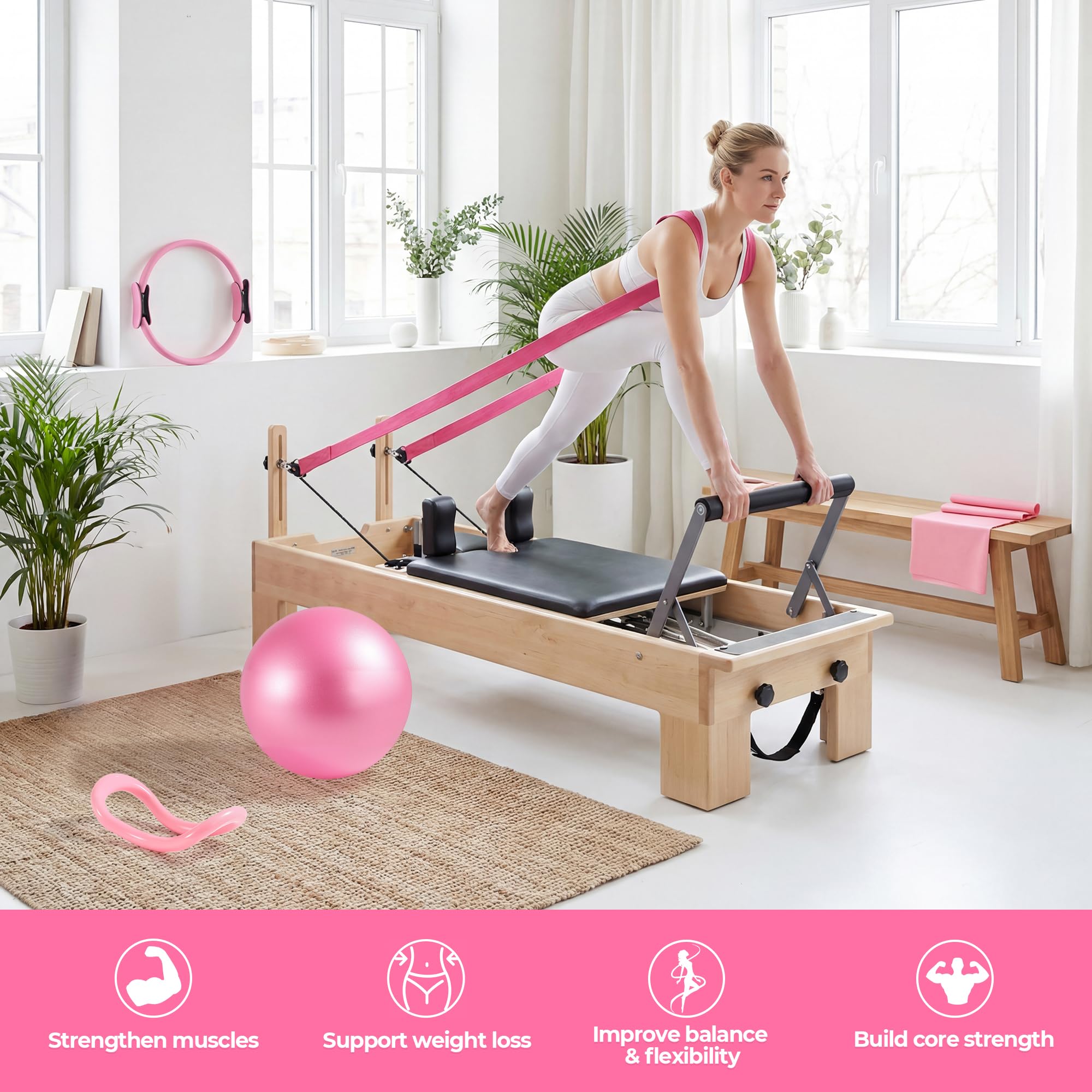 Kit Pilates Maison 5 Pièces pour Femme, Pilates Accessoires avec Pilates Circle Essentials et Balle de Pilates Anneau et Bandes de Résistance, Kit Pilate pour Tonifier Les Cuisses, Les Abdominaux