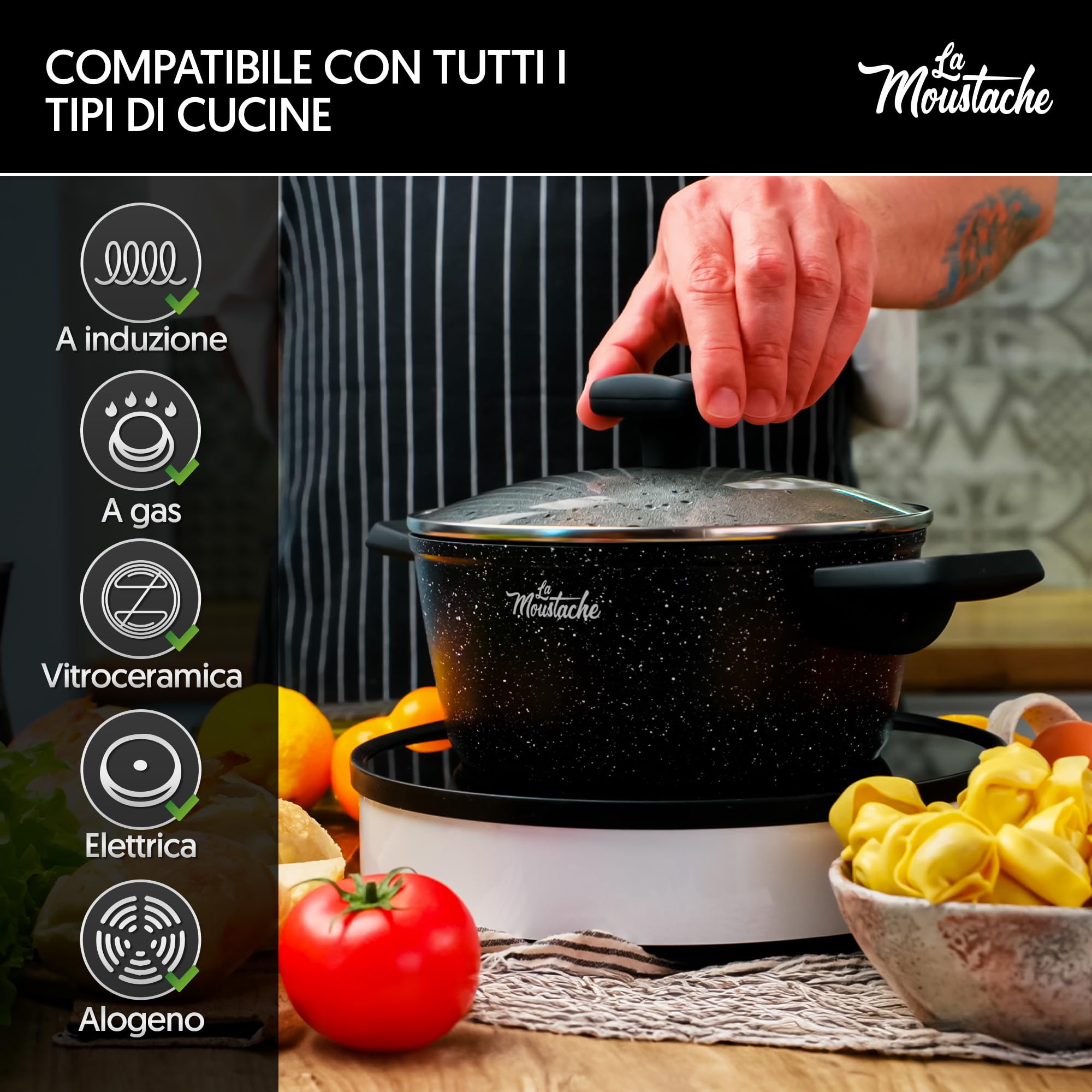 La Moustache - Batteria di Pentole【8 Pezzi】a Induzione in Alluminio con Antiaderente, Set di 3 Casseruole Ø 16/20/24 cm, 3 Coperchi e 2 Padelle Ø 20/24 cm, Manici in Bakelite (Onix)