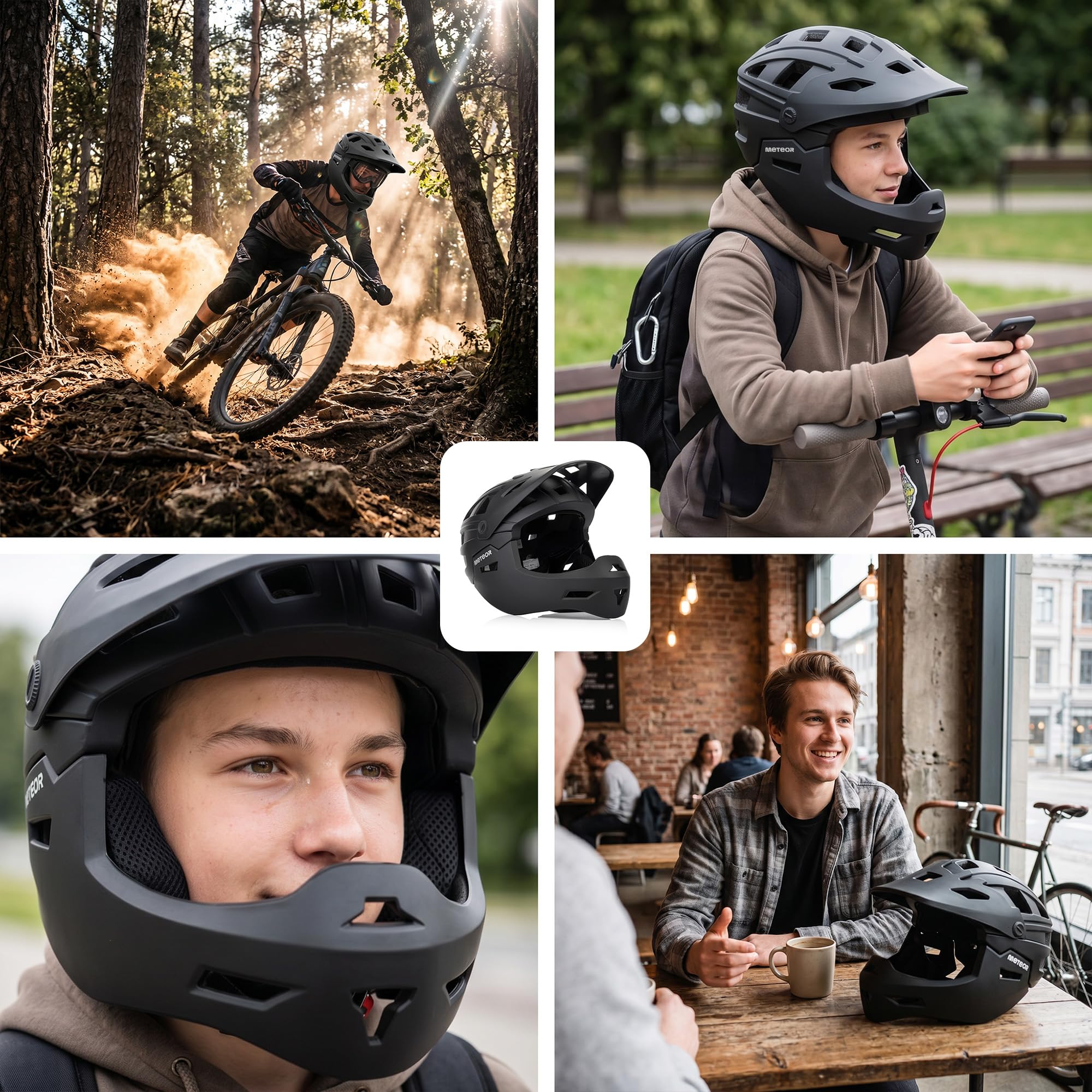 meteor Fullface Fahrradhelm MTB Kinder Erwachsene Integralhelm schwarz