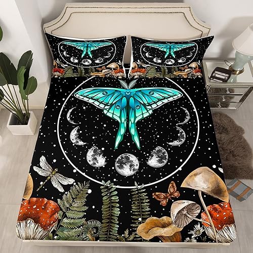 Miniatura 2 de Erosebridal Juego de sábanas de mariposa azul tamaño matrimonial, sábanas de hongos de polilla de libélula de la polilla, sábana encimera de cielo