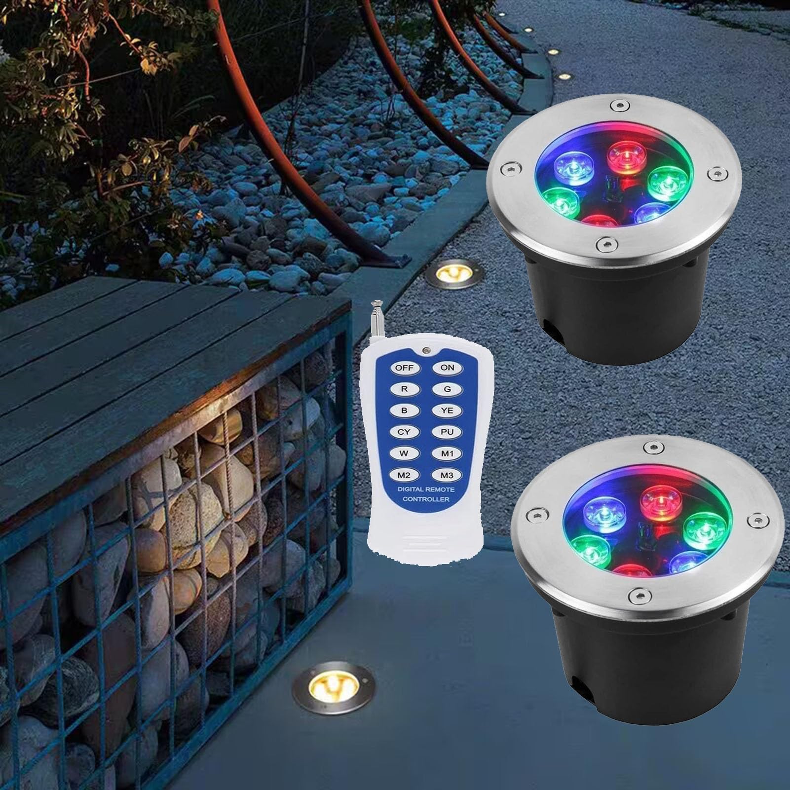 2PCS Focos Led Piscina - RGB Foco LED Subacuático Incrustado, Foco Empotrable con Mando A Distancia RF A Prueba De Agua IP68, Foco De Jardín De Acero Inoxidable, para Jardín, Estanque(24V,24W)