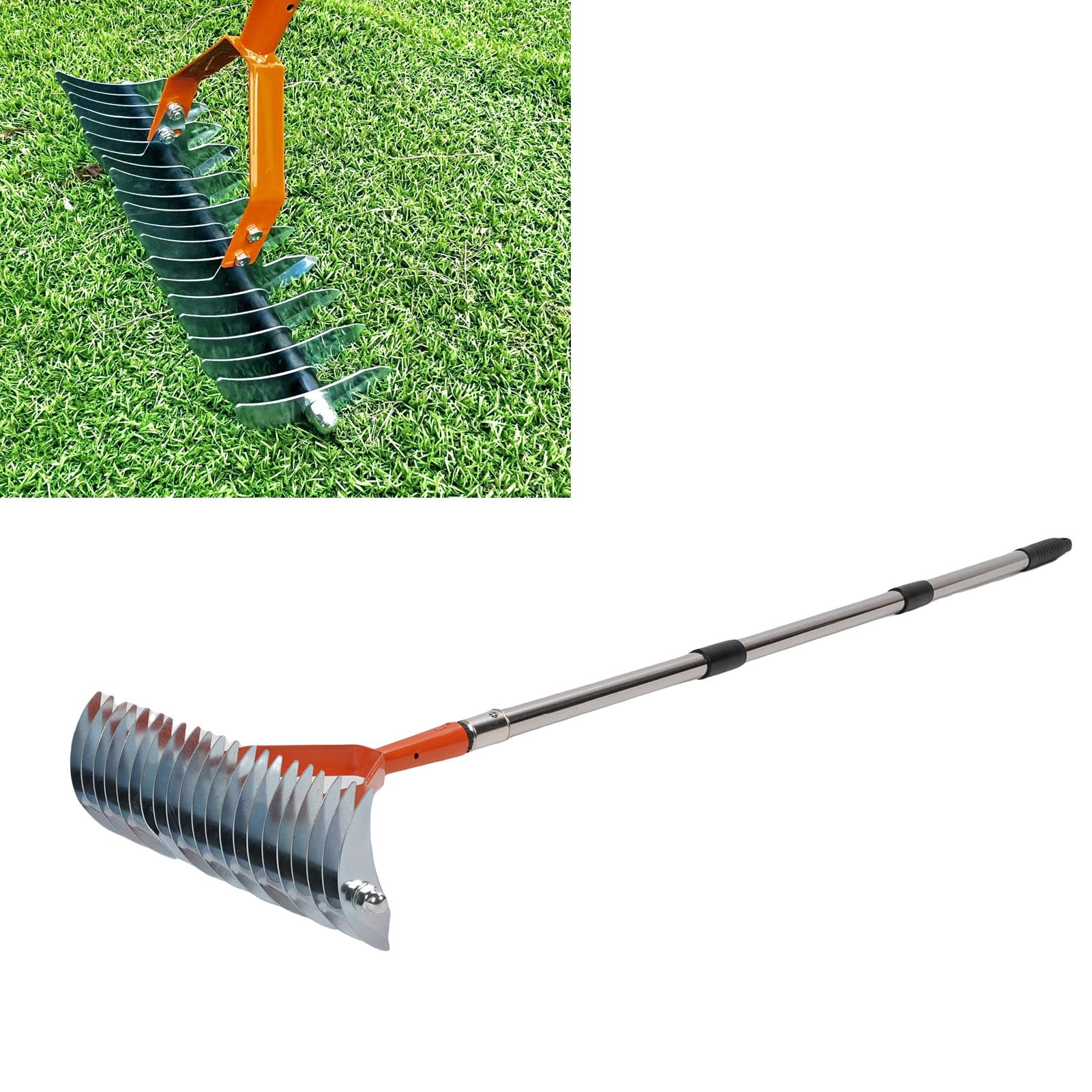 Reetrechen, 52 Zoll Verstellbarer Griff und 13 Zoll Breiter Kopf mit Gebogenen Stahlzinken, Rasenvertikutiererrechen, Gartenrechen mit Gepolstertem Griff für Effizientes Entfernen von Reet