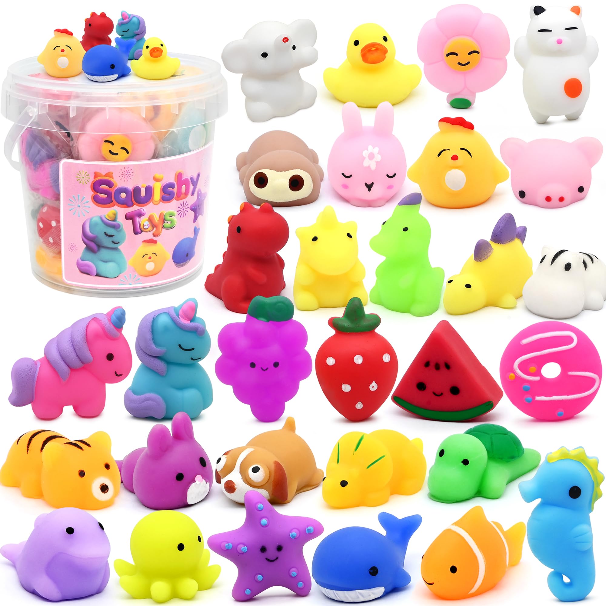30 Pack Mochi Squishy Toys, Party Favors for Kids 4-8-12, Classroom Birthday Xmas Gifts Treasure Box Prizes Goodie Bag Stuffers, Mini Squishy Fidget Toys, Carnival Prizes in Bulk