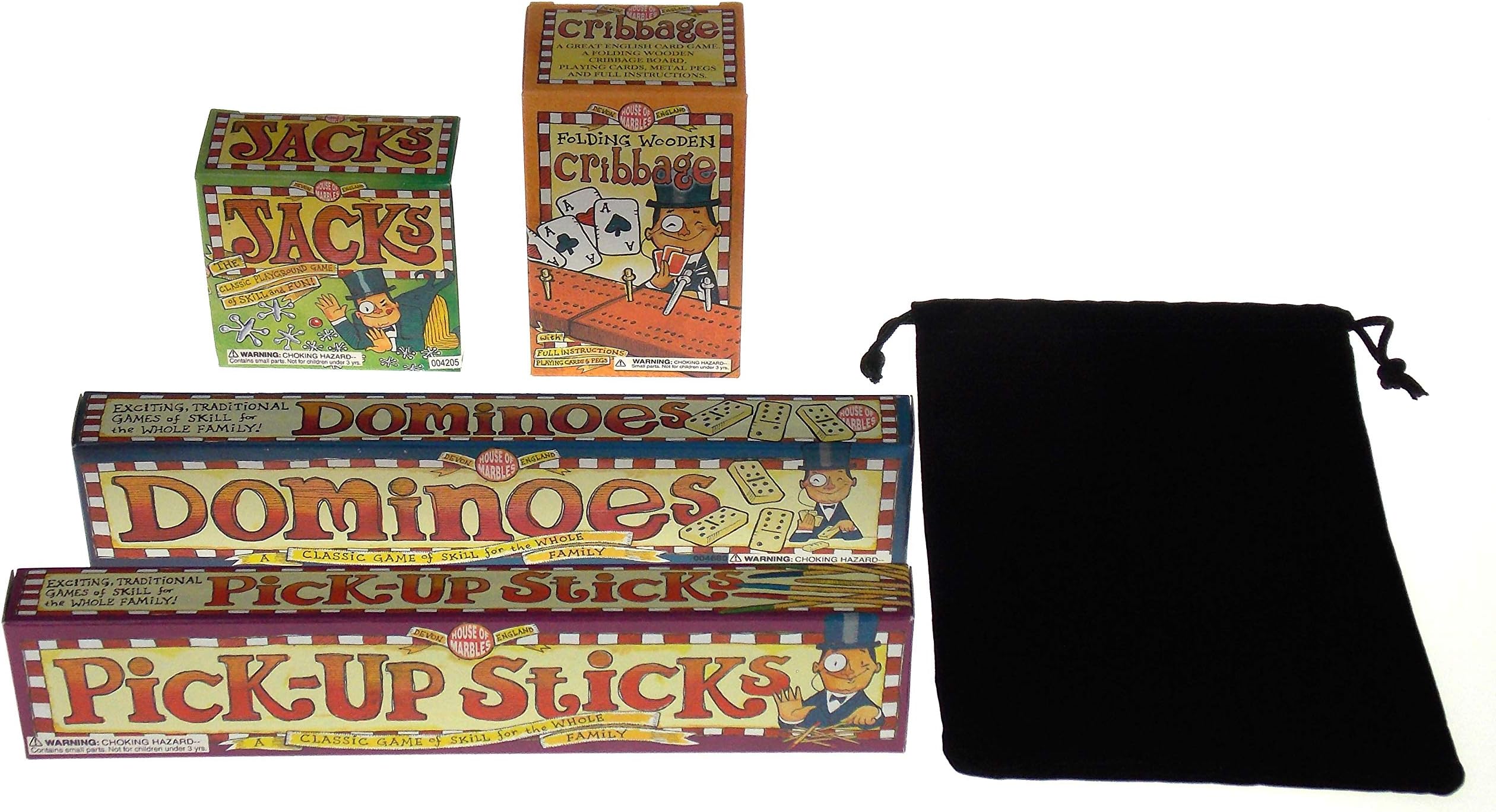 Classic Game Bundle - Dominoes, Pick Up Sticks, Jacks, Cribbage & a Hickoryville Velvet Storage Bag