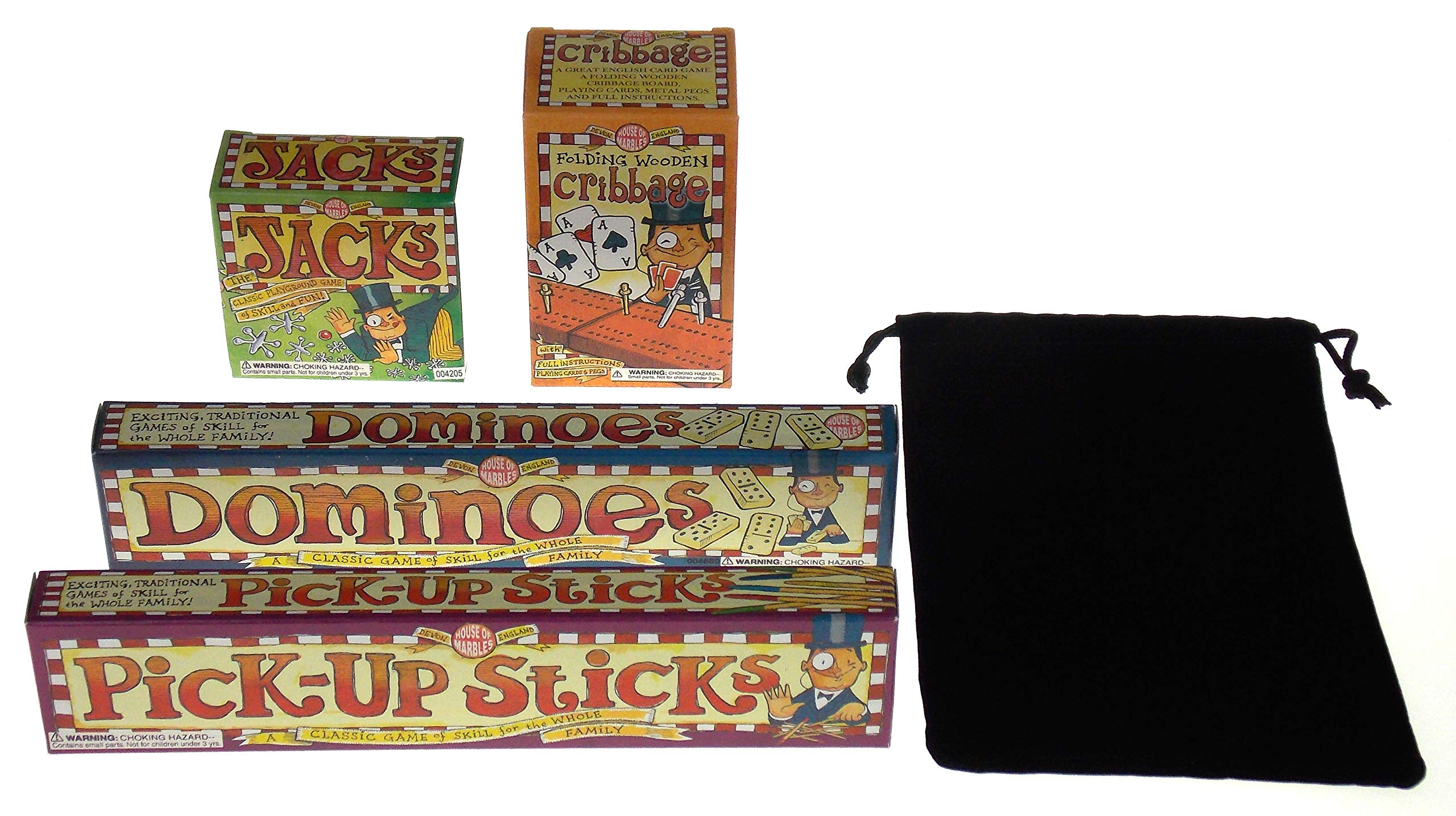 Classic Game Bundle - Dominoes, Pick Up Sticks, Jacks, Cribbage & a Hickoryville Velvet Storage Bag