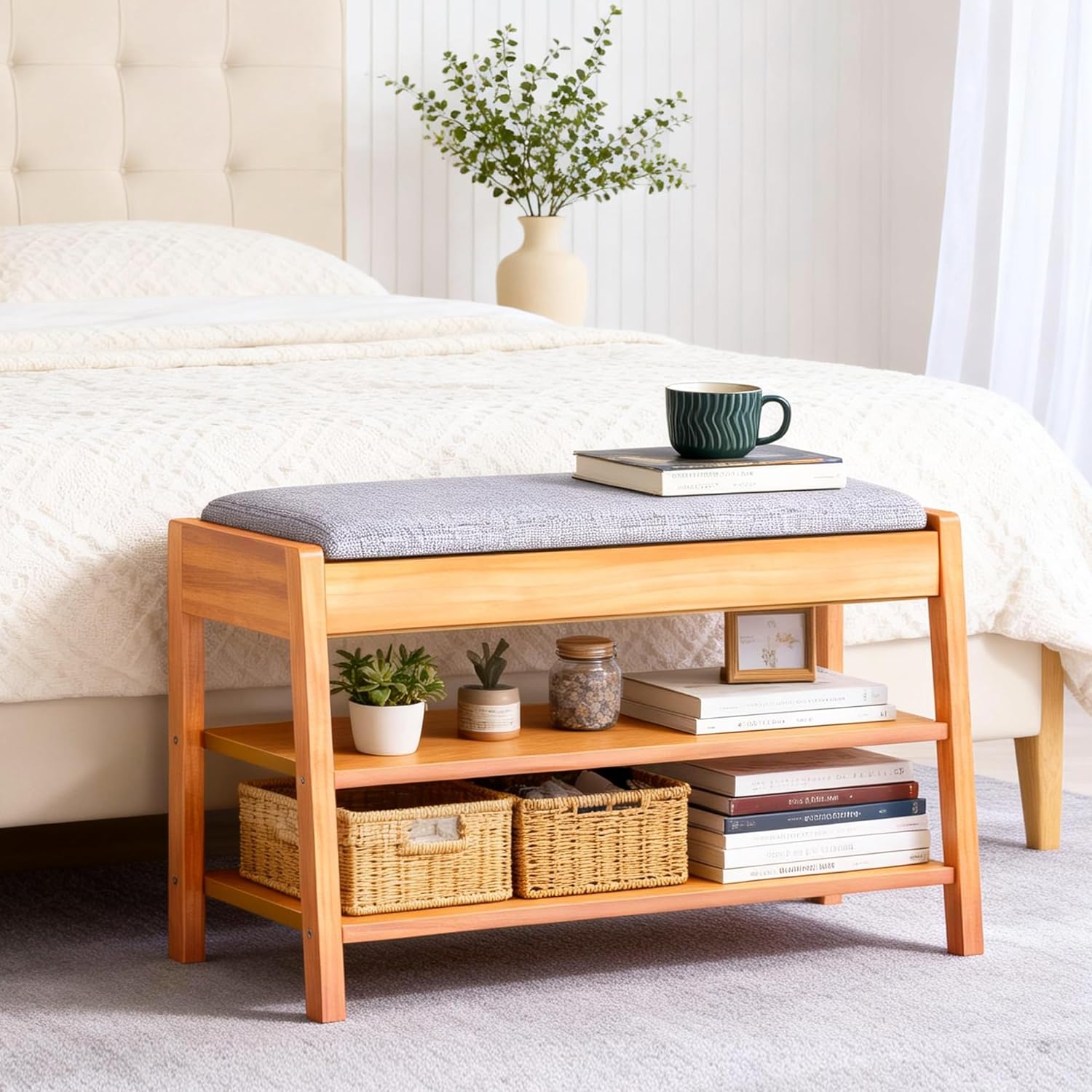 Shoe Rack Bench with Storage, 2-Tier Entryway Bench with Cotton-Linen Cushion, Flip-Open Solid Wood Storage Organizer for Hallway, Living Room, Bedroom, 31.5”