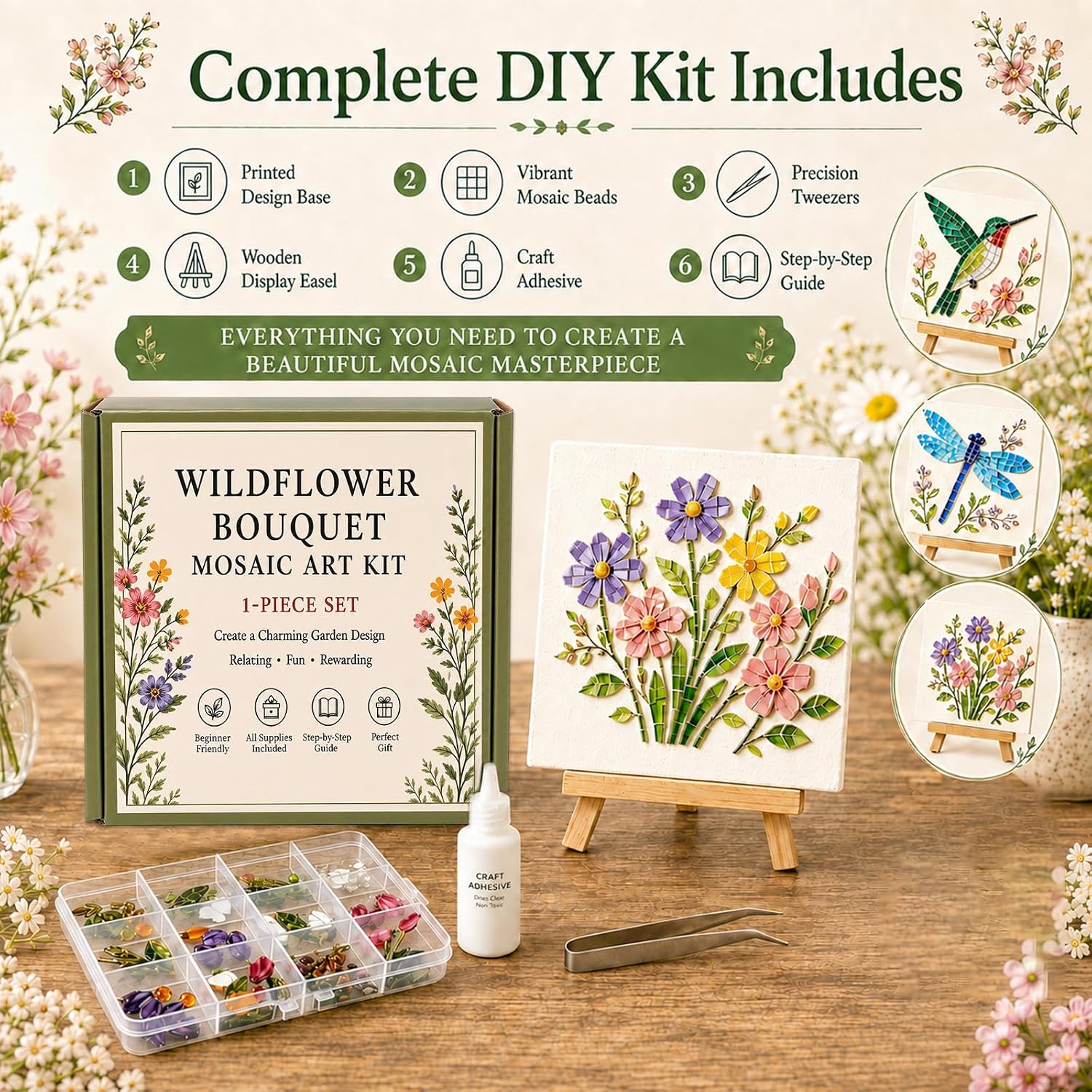 Watering Can Mosaic Art Kit, Cottage Garden Mosaic DIY Kit, DIY Floral Garden Themed Craft with Flower Bird Dragonfly Design for Home Decor (Dragonfly) image 3