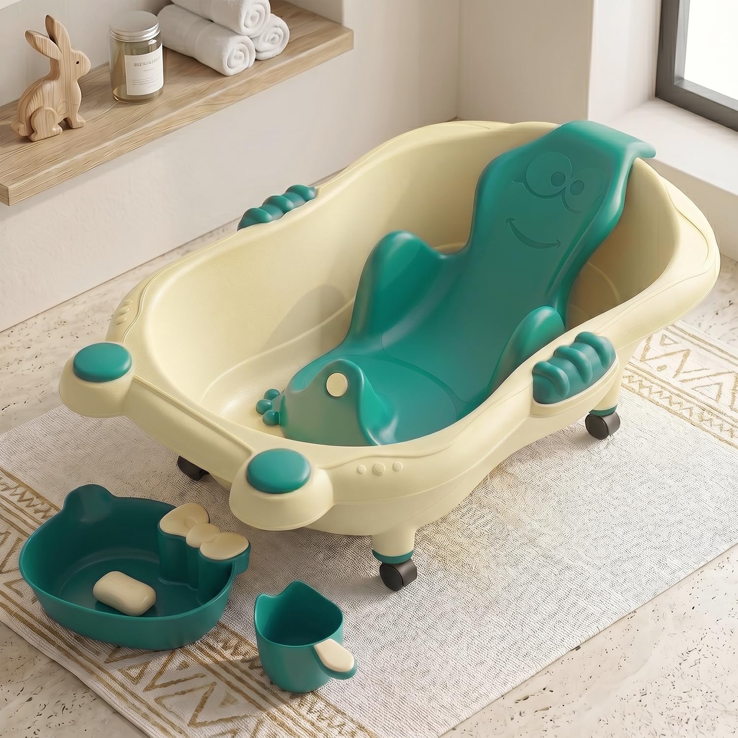 StarAndDaisy AquaNest Baby Bath Tub for Newborn to 5 Years with Ergonomic Baby Bather Seat, 360° Wheels, Bathing Tray & Mug, BPA-Free Kids Bathtub with Drain Plug & Rolling Base-image-21