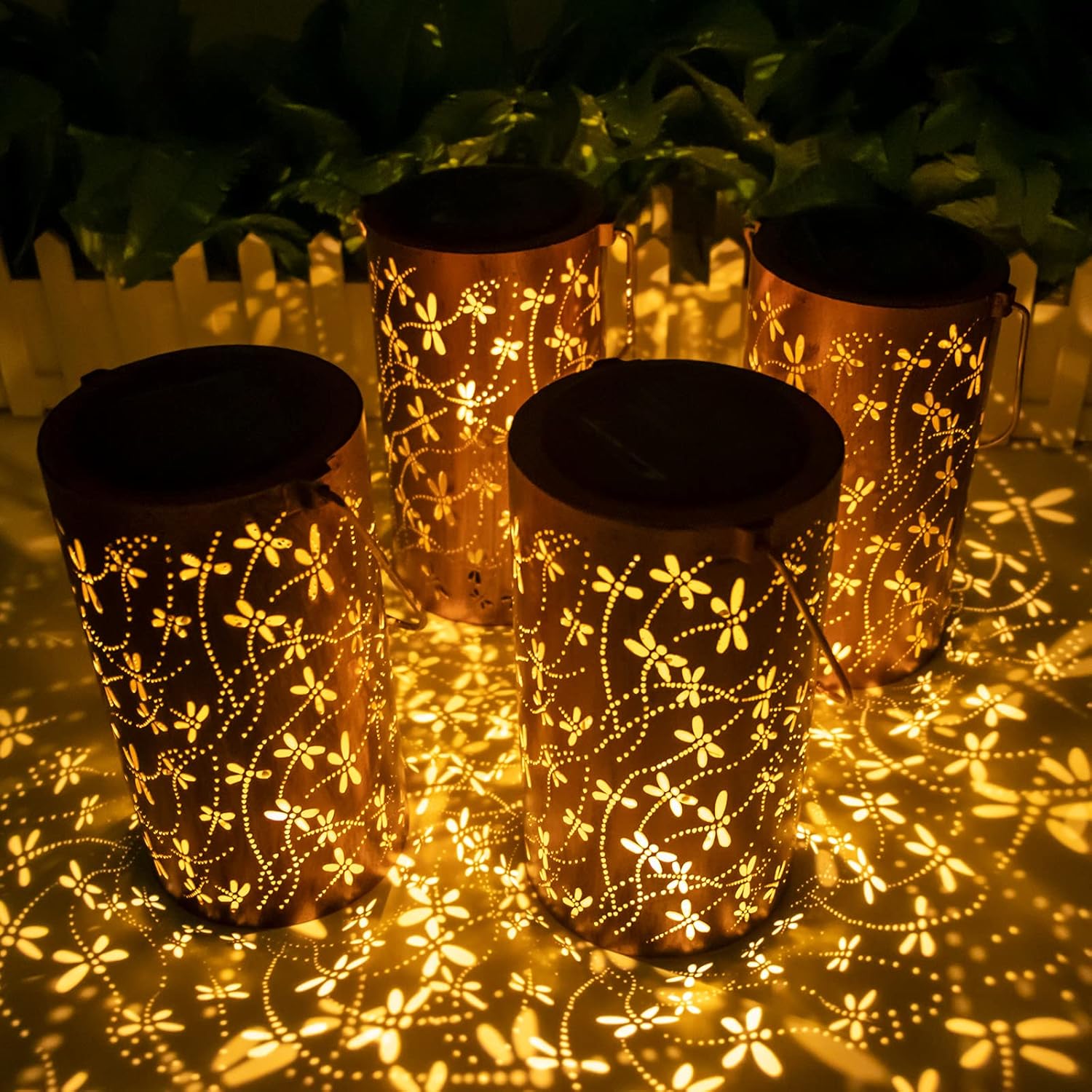 YISITEONE 4-Pack Dragonfly Outdoor Solar Lanterns, Garden Waterproof Metal Hanging Decor Lights for Patio Yard Pathway Lawn Front Porch, Birthday Gardening Gifts for Women Mom Grandma