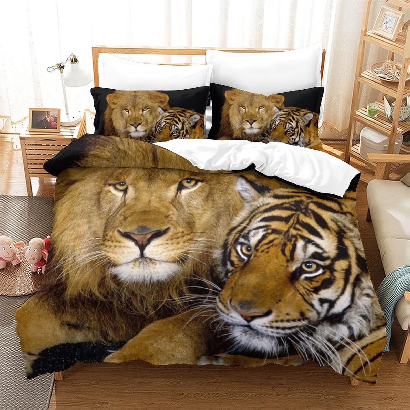 Housse de couette lion imprimée en 3D relief parure de lit trois pièces