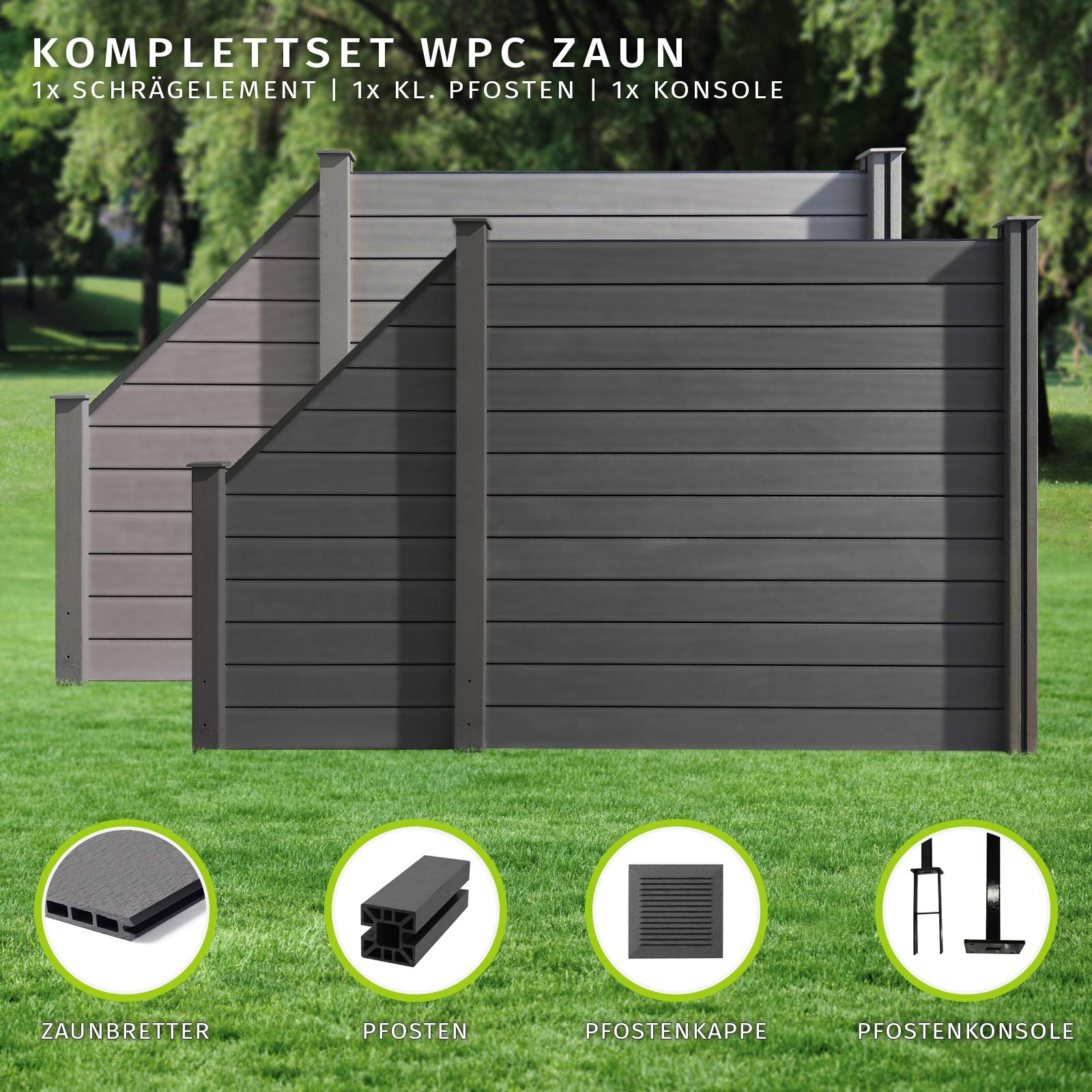 HORI WPC Sichtschutz Komplettset Stecksystem Zaun Garten Gartenzaun Lamellenzaun Windschutz Zaunelemente Komplettbausatz 1x Schräg + 1x kl. Pfosten - zum Einbetonieren - Zaun: Grau - Pfosten: Grau