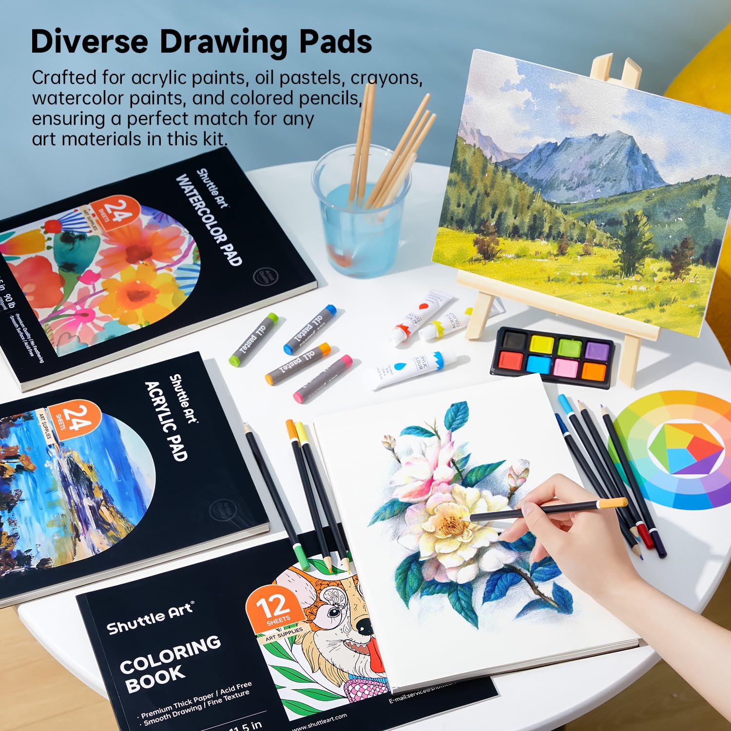 Shuttle Art Kit artistico deluxe da 202 pezzi in legno con blocchi da disegno, tele, fogli da colorare, colori acrilici, pastelli e matite colorate