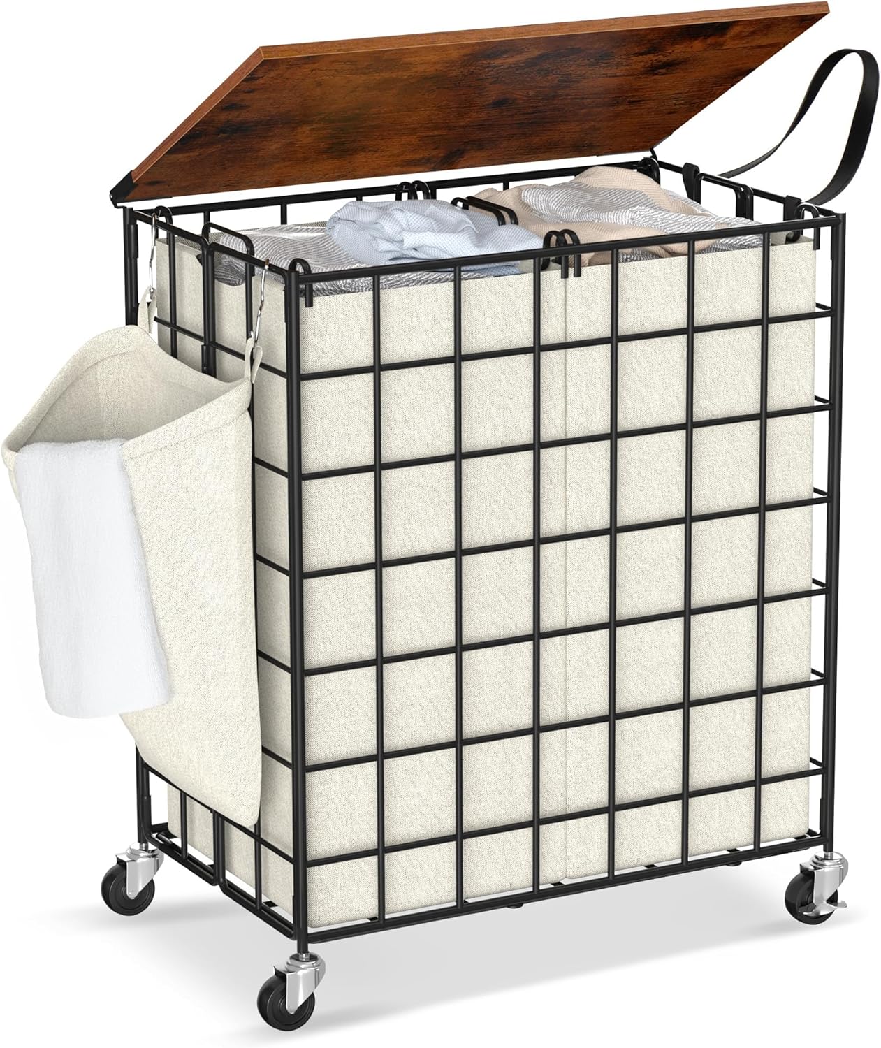 Laundry Basket with Wheels, Heavy Duty Laundry Sorter 2 Sections, 120L (32Gal.) Large Capacity Laundry Hamper with Wood Lid, 360 Rolling Wheels, Extra Side Pocket, Leather Pull Handle (Beige)