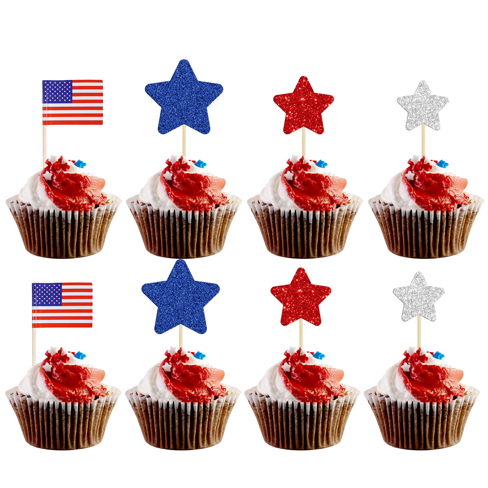Gyufise 136Pcs American Flag Patriotic Cupcake Toppers 4th of July Double Sides Glitter Star Cupcake Toppers Cake Toppers Picks Independence Day Cupcake Party Decorations Supplies Favors