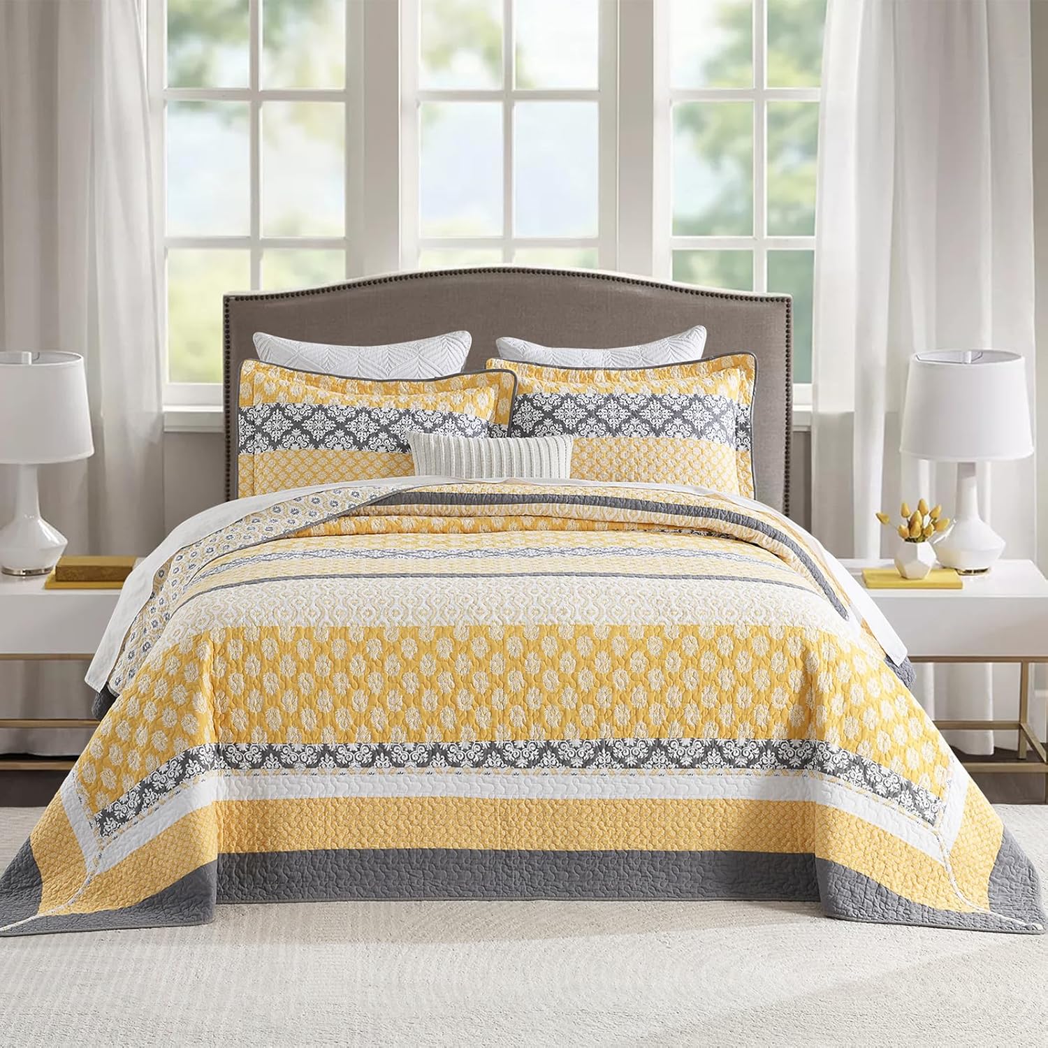 100% Cotton Oversized Quilt 120"x120", Extra Large King Bedspread, Farmhouse Botanical Bed Spreads Coverlet, Lightweight Quilted Bedding Cover, 3 Piece, Grayish Blue/White