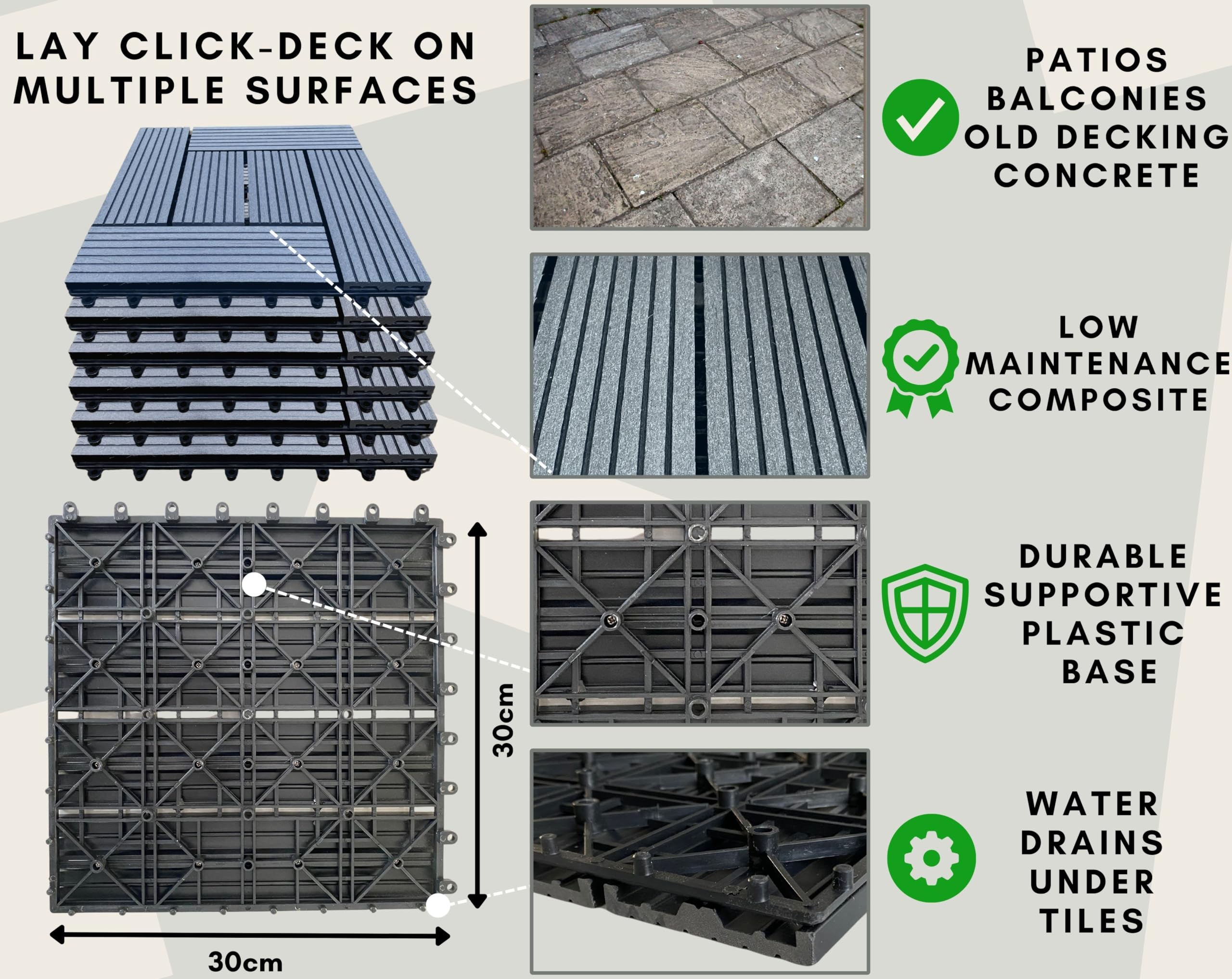 CLICK-DECK Piastrelle per pavimenti in composito | Per patio, balcone, cemento, vasca idromassaggio, pavimenti quadrati da 30 x 30 cm, facile installazione, bassa manutenzione, ottimo drenaggio (6