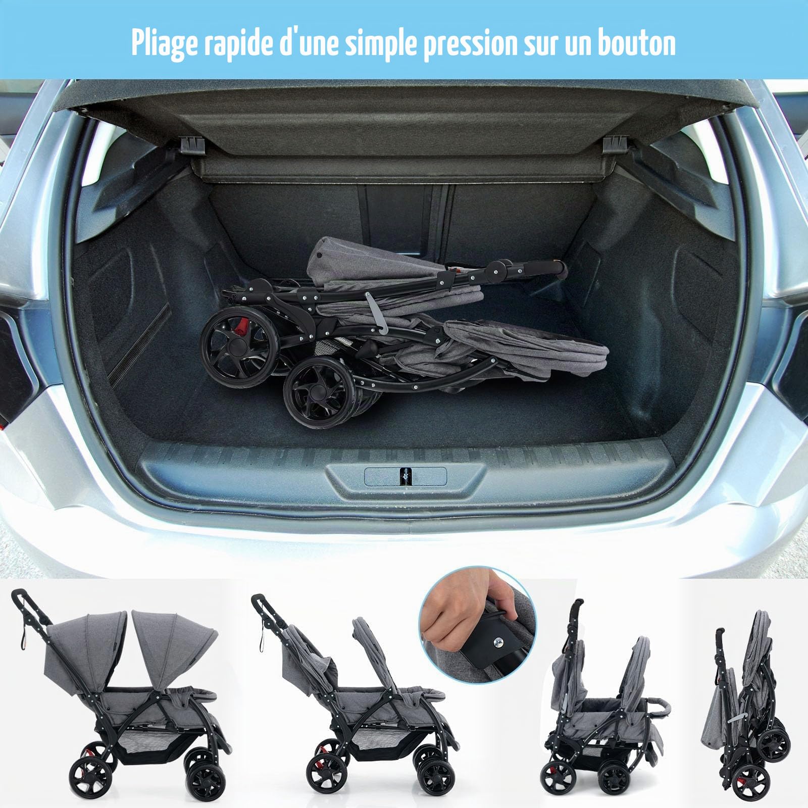 FANTASK Poussette double pliable avec dossier et capote réglables - Pour bébé à partir de 6 mois - Charge maximale : 30 kg - Gris