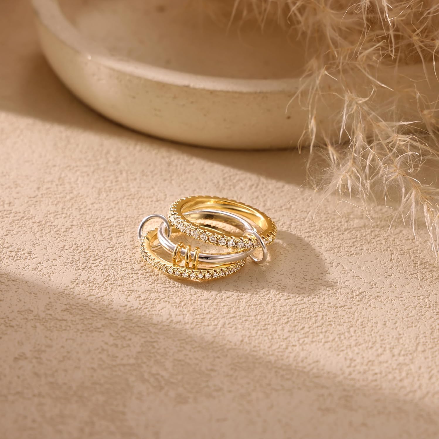 Stackable Rings for Women Non Tarnish, 14K Gold/Silver Plated Cubiz Zirconia Ring Dainty Chunky Gold Plated Rings Multi Ring Mixed Metal Stacking Rings Set Gold Jewelry for Women Gifts - Image 6