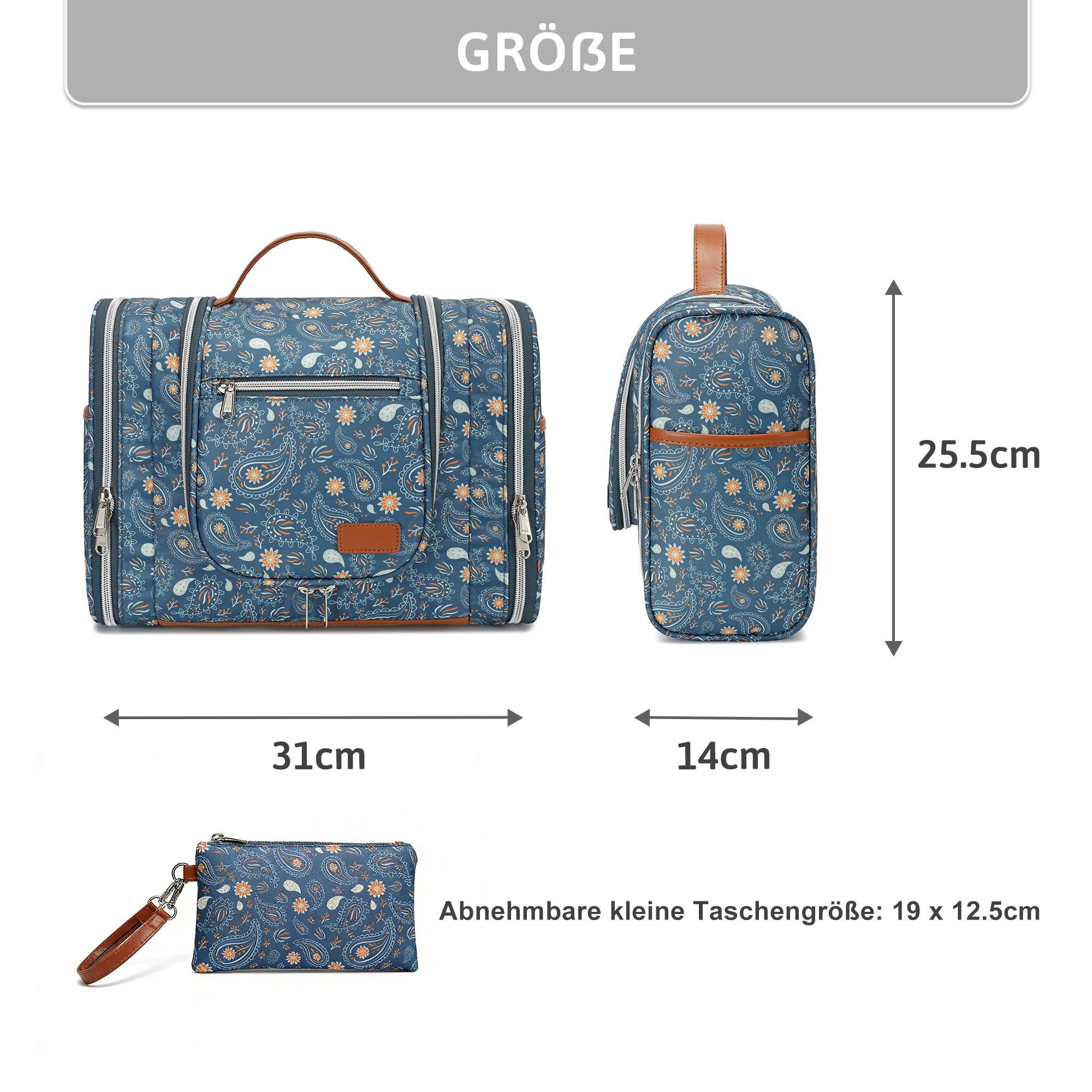 Pearl Angeli Neceser grande para mujer, neceser para colgar, A4-azul Paisley Flores, Neceser | Neceser de viaje grande bolsa de aseo organizador de maquillaje con gancho y asa, bolsa impermeable