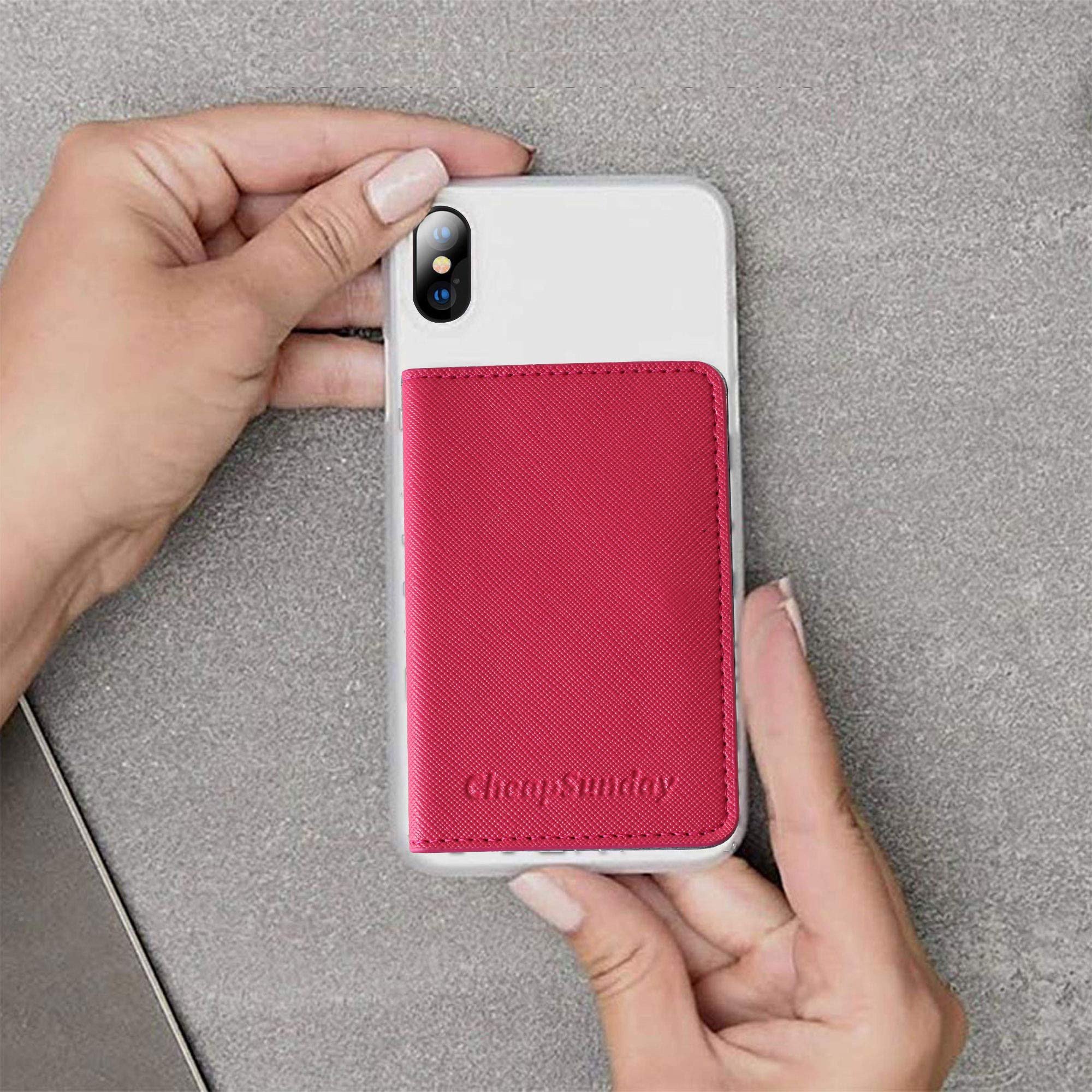 CheapSunday - Tarjetero de piel para la parte posterior del teléfono, con soporte, impermeable, adhesivo, para la mayoría de teléfonos celulares (rosa intenso)
