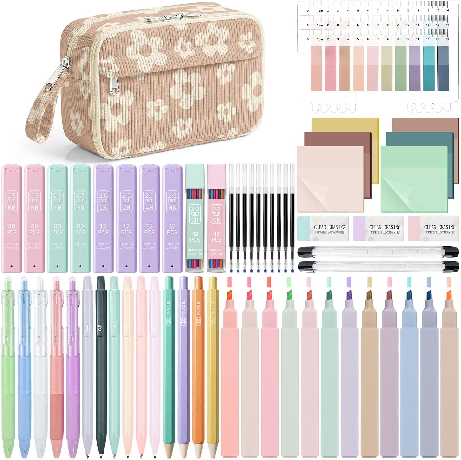 WOBAGMEN 62PCS Aesthetic School Supplies with Corduroy Pencil Case, Pastel Highlighters Gel Pens Mechanical Pencils, Cute College Essentials Set, Cute College Daily Essentials Set（Brown Floral）
