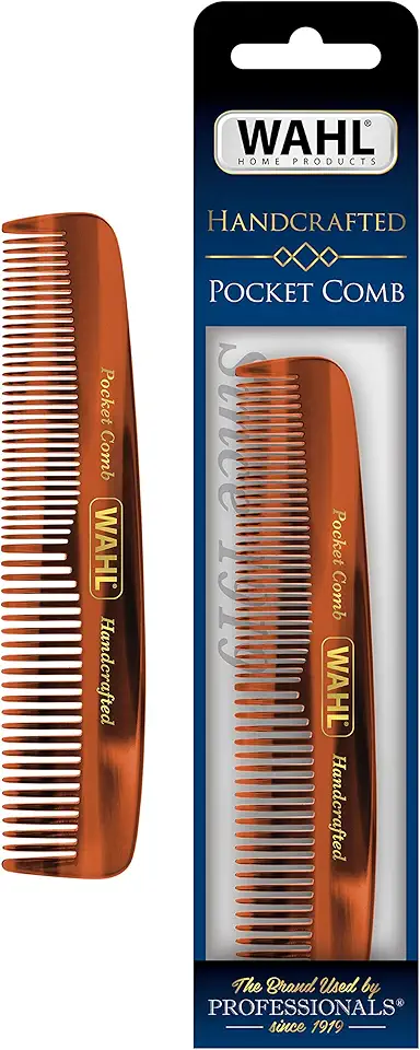 Wahl Pente de bolso de barba, bigode e cabelo para cuidados masculinos - Feito à mão e cortado à mão com acetato de celulose - Dentes cônicos lisos e arredondados - Modelo 3324