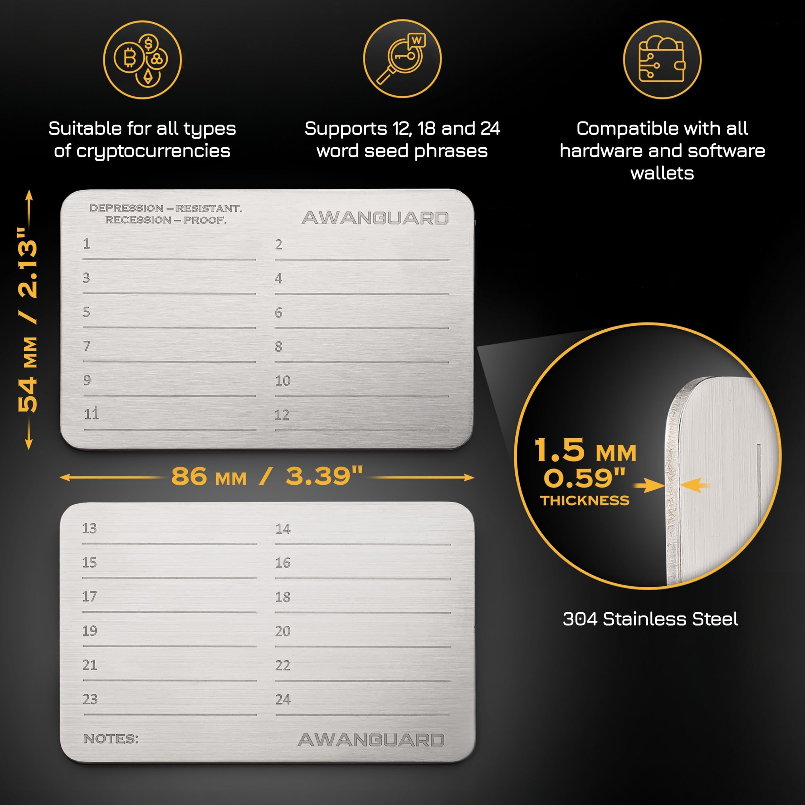 AWANGUARD Crypto Steel Wallet - 3x24 Seed Phrase Roestvrijstalen Platen,  Cryptowallet. Opslag voor Herstelzinnen. Cryptovalutawallet, Opslag voor  Seedphrases, Compatibel met ALLE Cryptowallets. : Amazon.nl: Klussen &  gereedschap