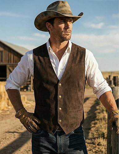 Miniatura 2 de COOFANDY Chaleco de Cuero de Ante para Hombre, Estilo Vaquero Occidental, Casual, Chaqueta de Traje de Corte Delgado