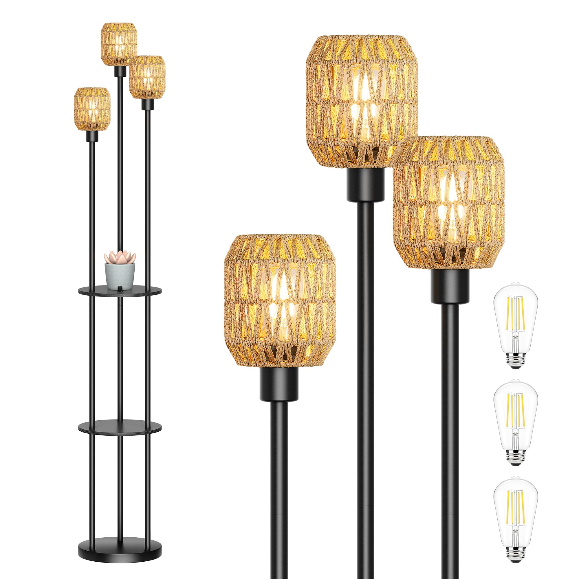 YooShine Stehlampe Wohnzimmer 3-flammige Vintage Stehleuchte mit Regal & Rattan-Lampenschirm, Enthalten Leuchtmittel, Boho Stehlampe mit Knopfschalter für Schlafzimmer und Büro