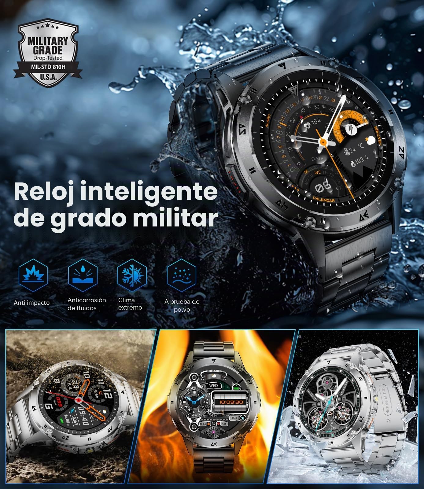 Reloj Inteligente Hombre, Llamadas Bluetooth, Pantalla AMOLED HD de 1,43", Linterna LED, 110+ Modos Deportivos, Monitor de Ritmo Cardíaco/Sueño/IP68, Compatible con Android iOS, Negro
