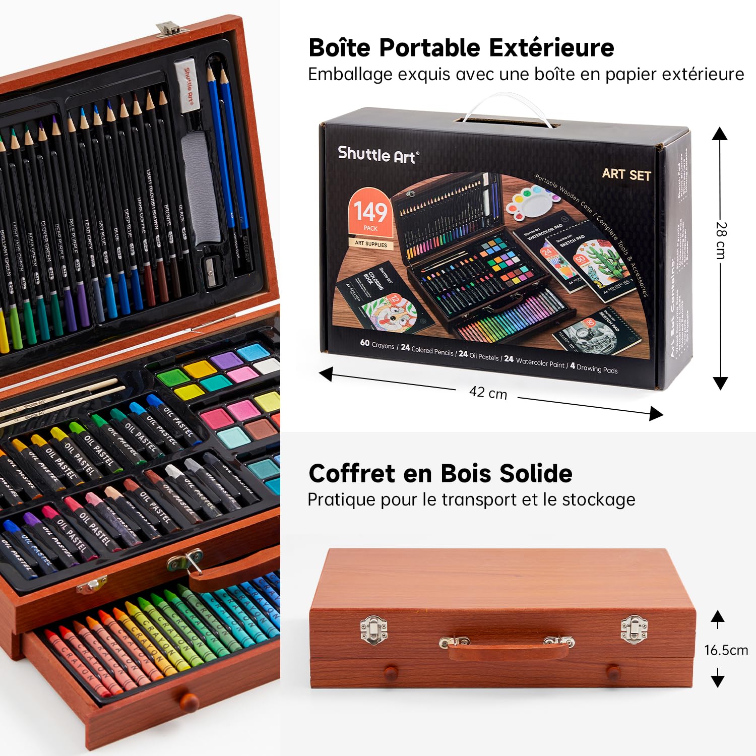 Shuttle Art 149 Pièces Malette Dessin, Kit Dessin Inclus Crayon de Couleurs, Pastels, Aquarelle,Livre de Coloriage, Bloc, Idéal pour Adultes