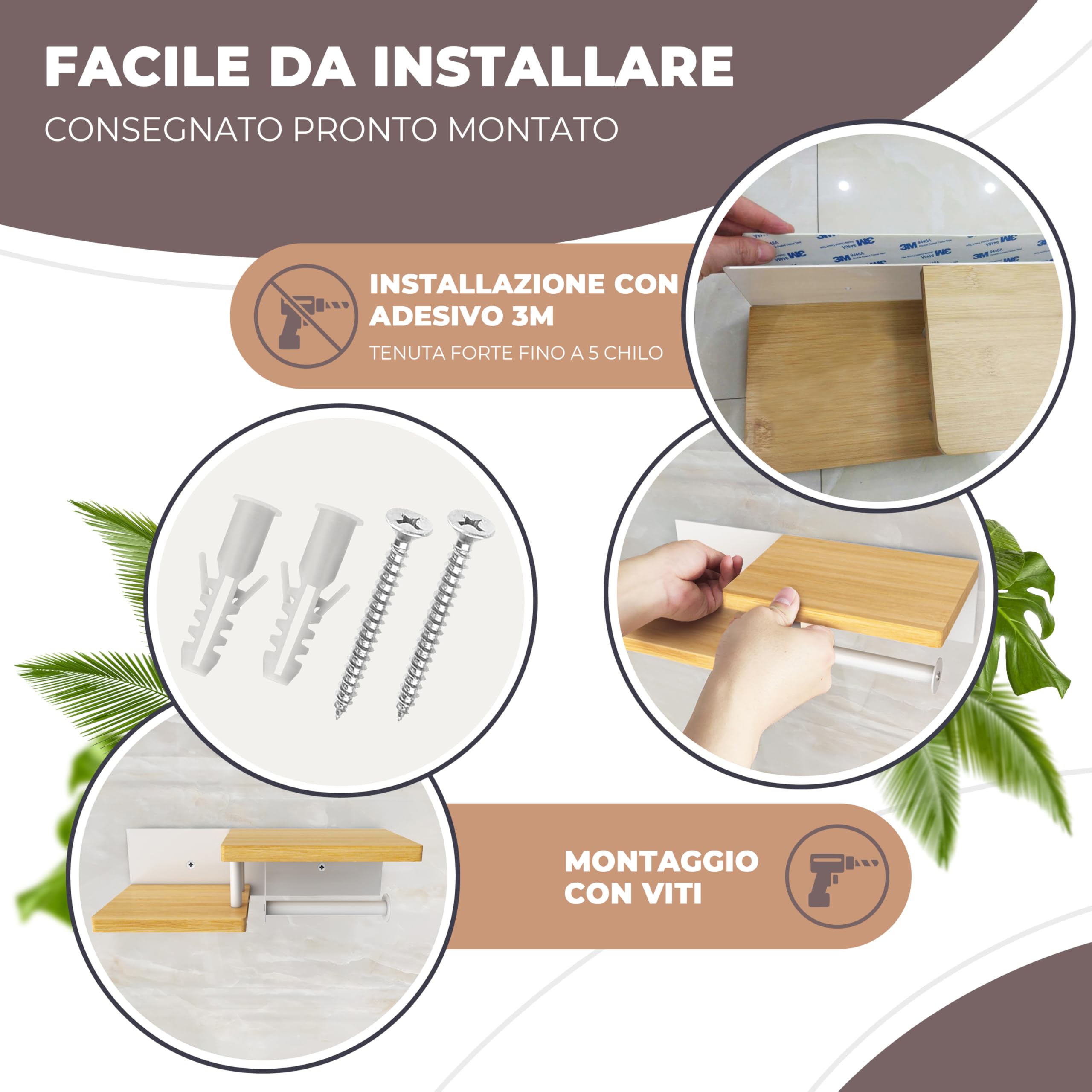 Simpletome Porta Carta Igienica Con Ripiano – Adesivo O Foratura, Impermeabile, Bianco