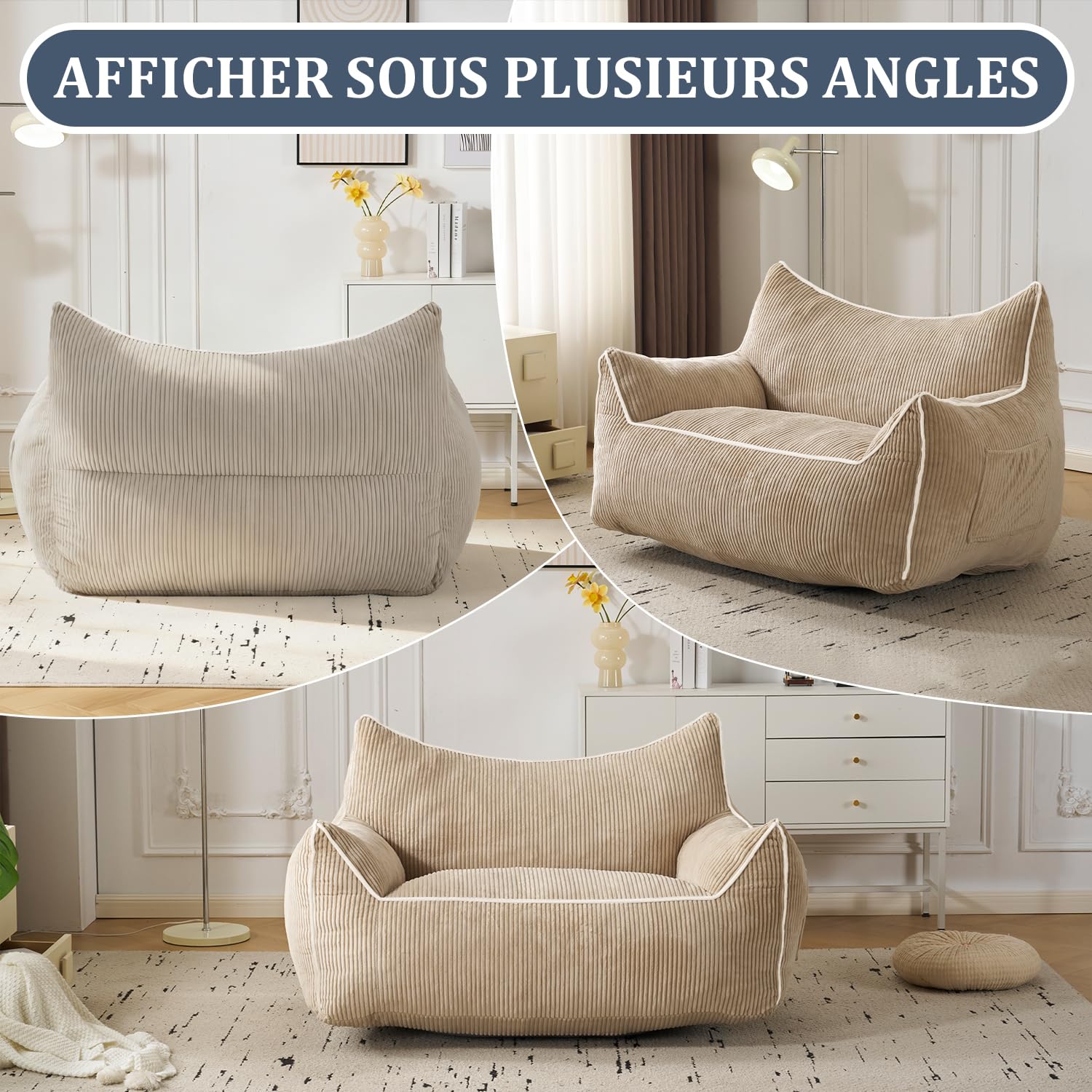 Pouf en Velours côtelé avec Dossier, Pouf pour Adulte avec Rembourrage, Grand Pouf en Fourrure synthétique, Fauteuil Confortable avec Mousse Haute densité, Chambre, Salon, Beige
