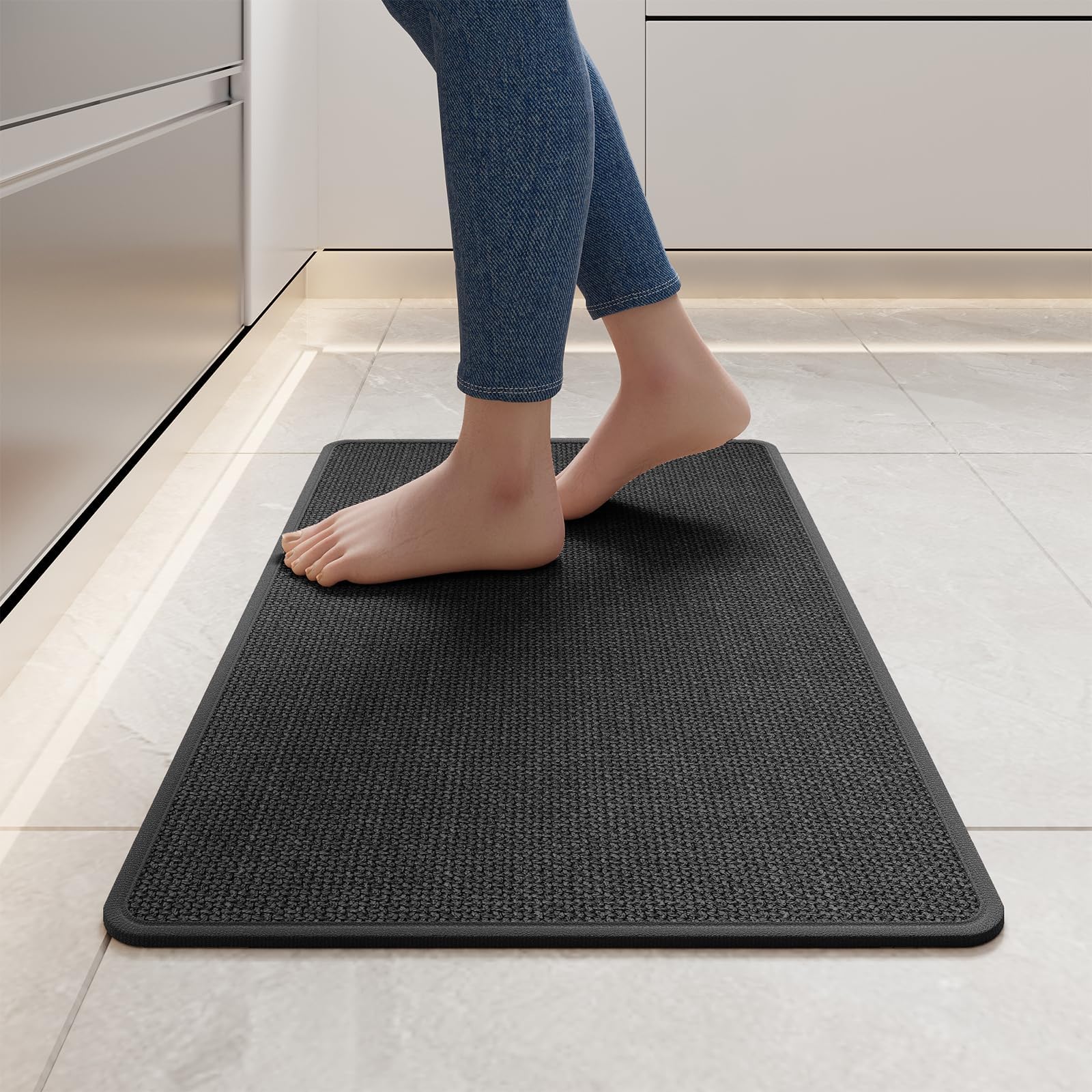 Kitchen Mats for Floor, Super Absorbent Kitchen Rugs Non Slip Washable, Soft Imitation Linen Braided Kitchen Runner Rug, Standing Mat Kitchens Sink Mat, Easy to Clean, Black 17x30